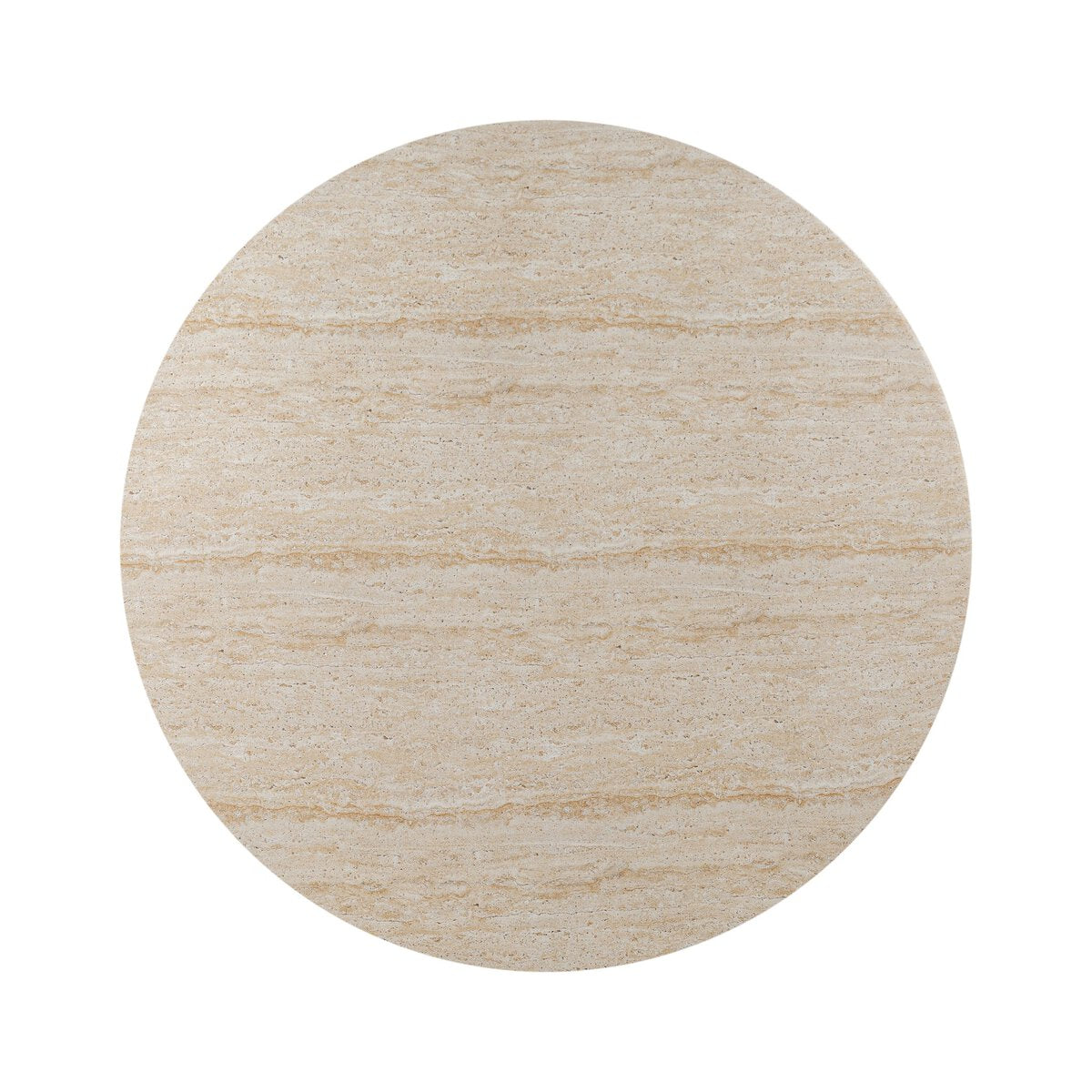 The Poole Outdoor Coffee Table features a round, flat surface with a beige, stone-like texture and subtle striations reminiscent of travertine, ideal for modern spaces. Displayed on a plain white background.