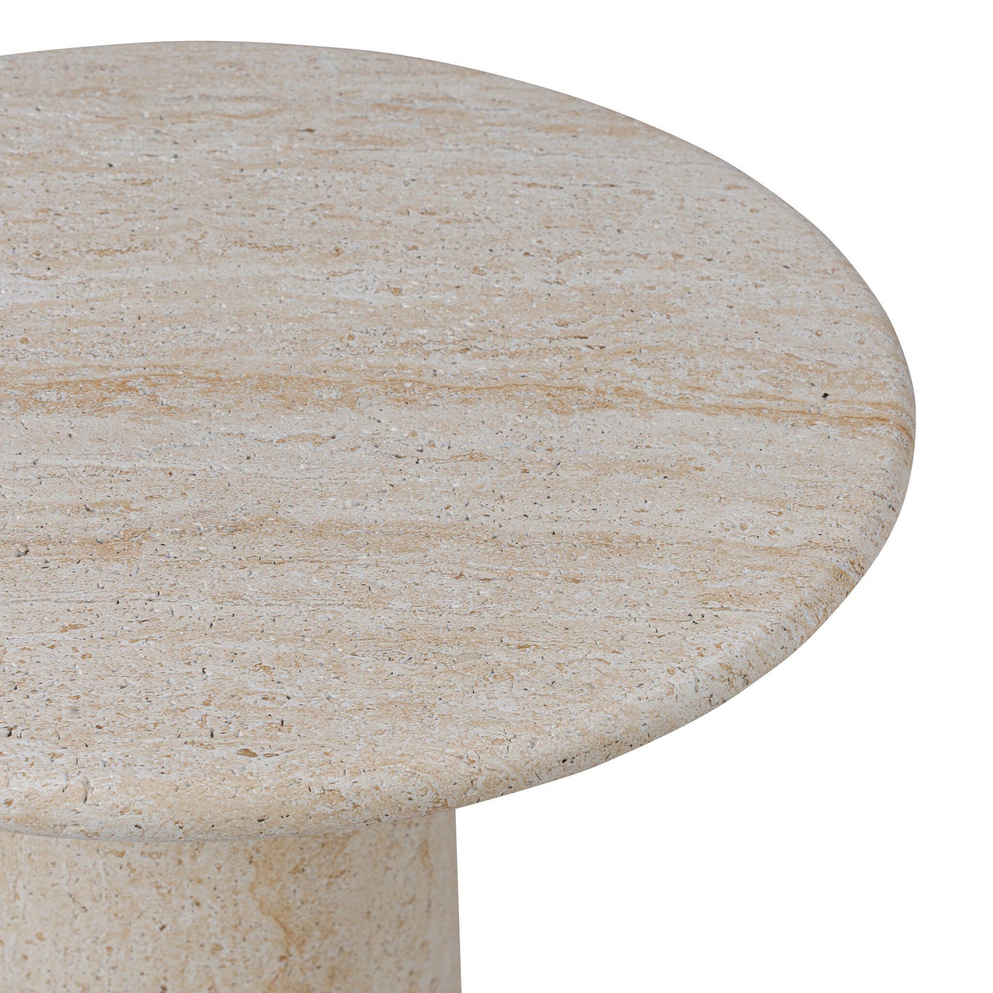 Close-up of the Solid Concrete Pedestal Design | Outdoor End Table, showing its round, beige tabletop with a smooth, slightly textured surface and part of the cylindrical base. Only the top and base are visible.
