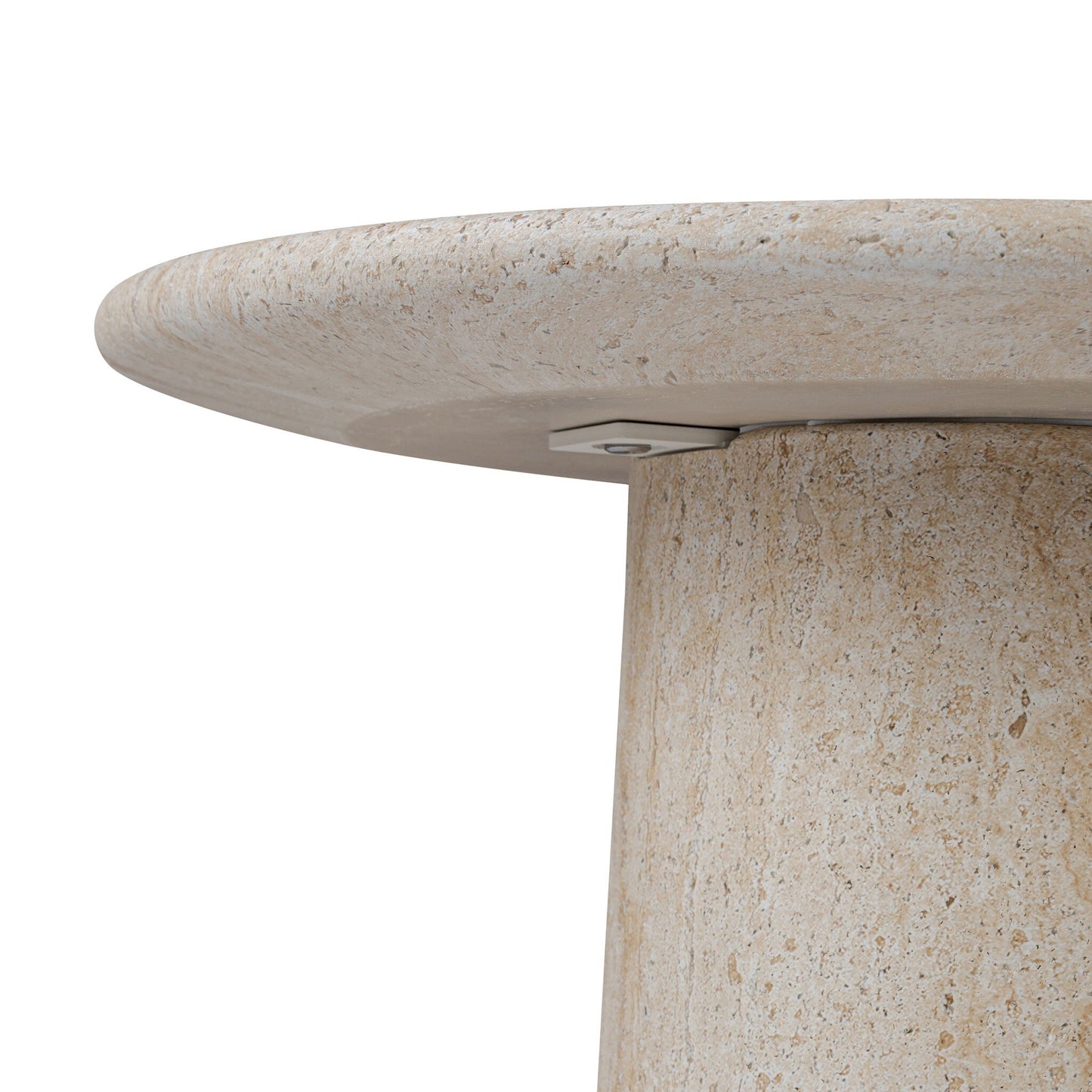 Close-up of the Solid Concrete Pedestal Design | Outdoor End Table, featuring a round beige sand finish, smooth tabletop edge, part of the cylindrical base, and a visible metal bracket underneath.