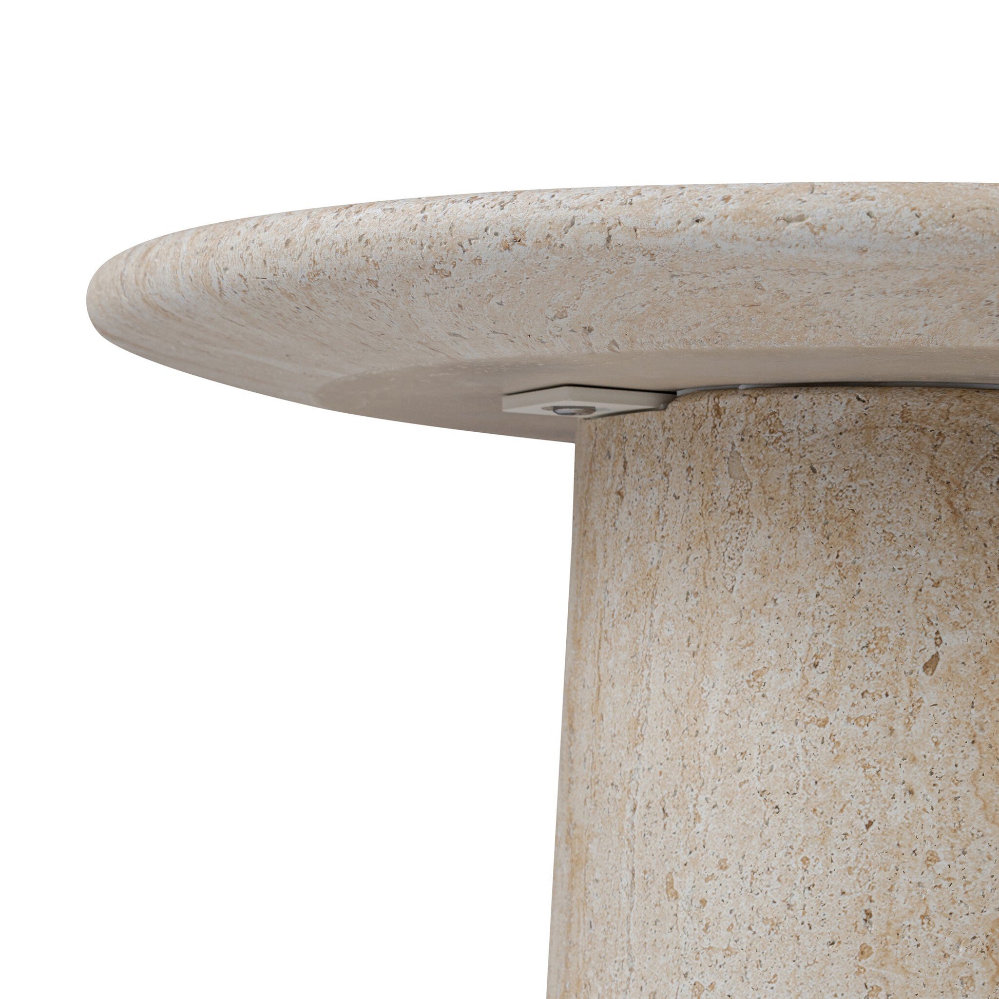 Close-up of the Solid Concrete Pedestal Design | Outdoor End Table, featuring a round beige sand finish, smooth tabletop edge, part of the cylindrical base, and a visible metal bracket underneath.