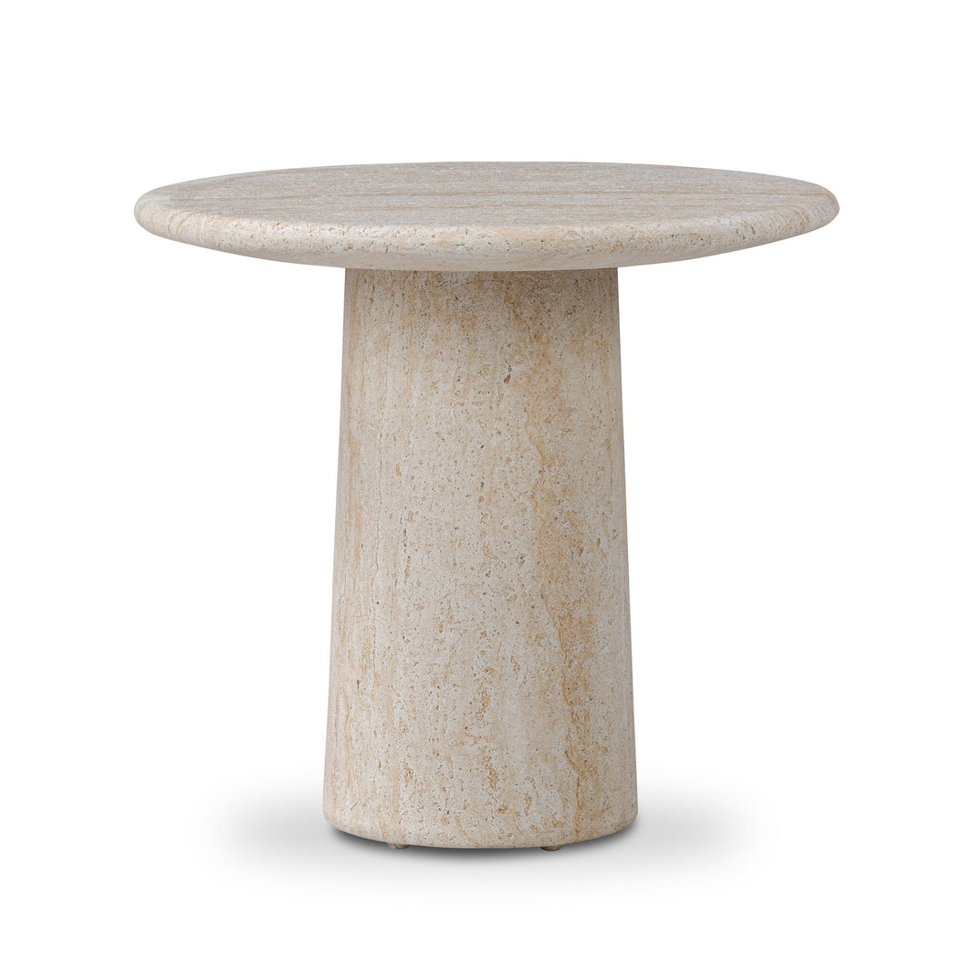 The Solid Concrete Pedestal Design Outdoor End Table features a round beige stone look with a smooth, flat top and thick cylindrical base, ideal for outdoor use. Photographed on a white background.