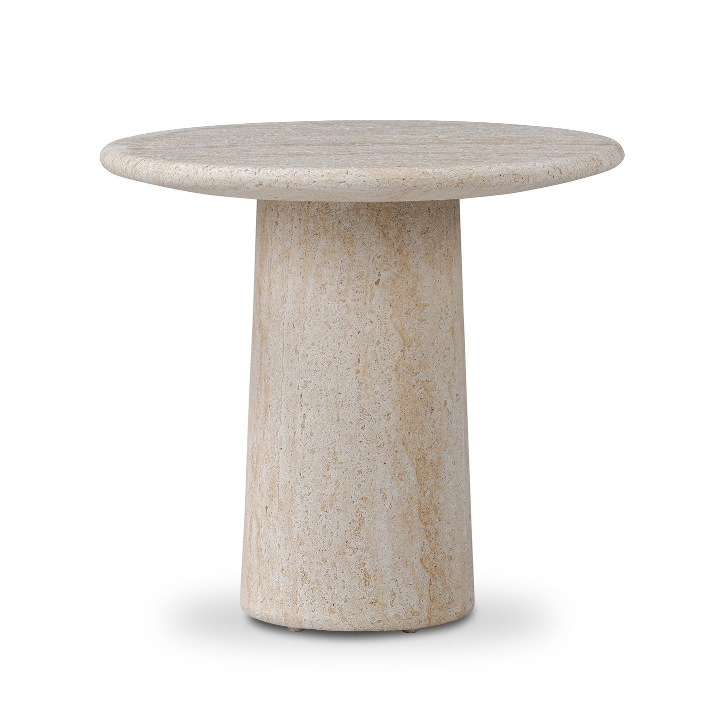 The Solid Concrete Pedestal Design Outdoor End Table features a round beige stone look with a smooth, flat top and thick cylindrical base, ideal for outdoor use. Photographed on a white background.