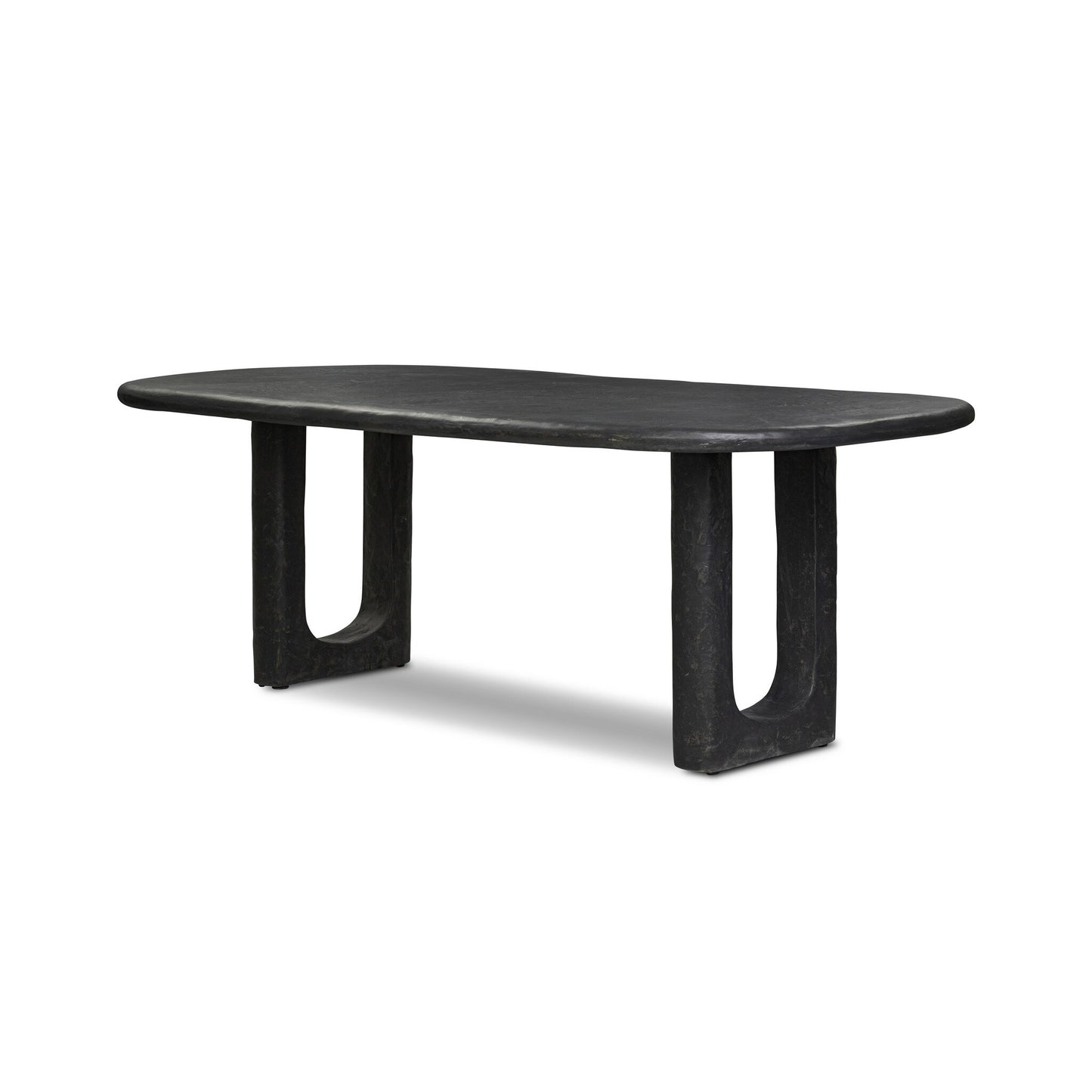 The Obsidian Concrete Softened Rectangle Dining Table features a modern, obsidian-finished concrete top with rounded edges and two wide U-shaped legs.