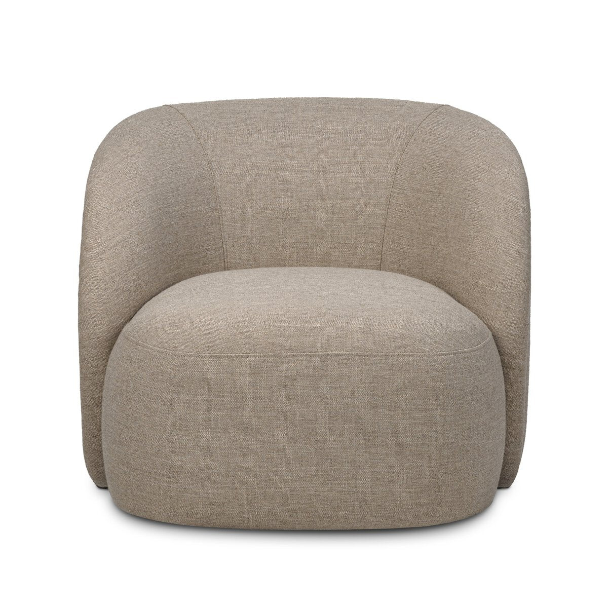 The Low Profile Swivel Chair features a modern beige performance fabric, rounded backrest and seat, soft curves, and a minimalist design, shown against a white background.
