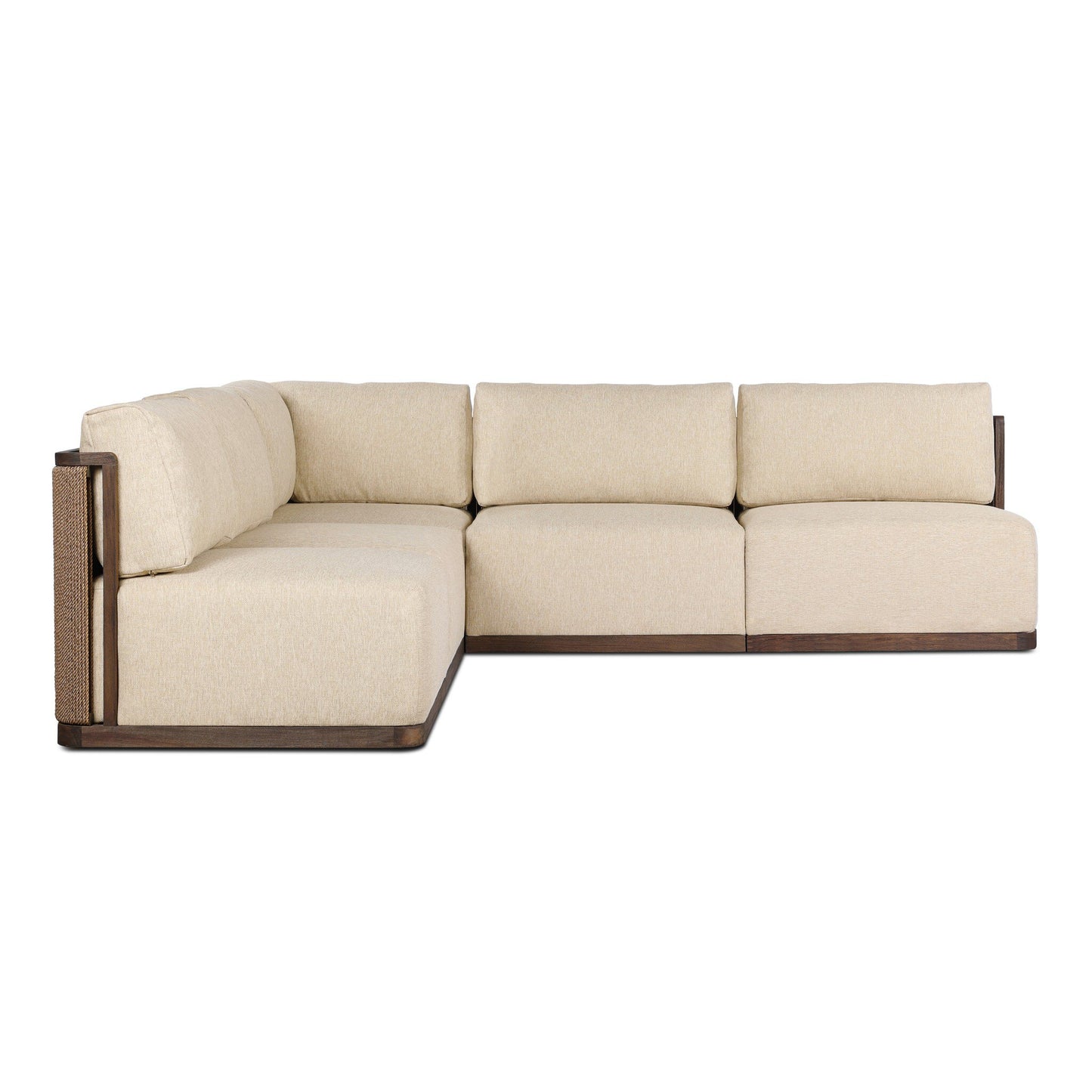 The Teak Woven Cord | Outdoor Sectional is a beige L-shaped sofa with a wooden frame, thick natural cream cushions, and elegant woven cord details, shown against a plain white background.