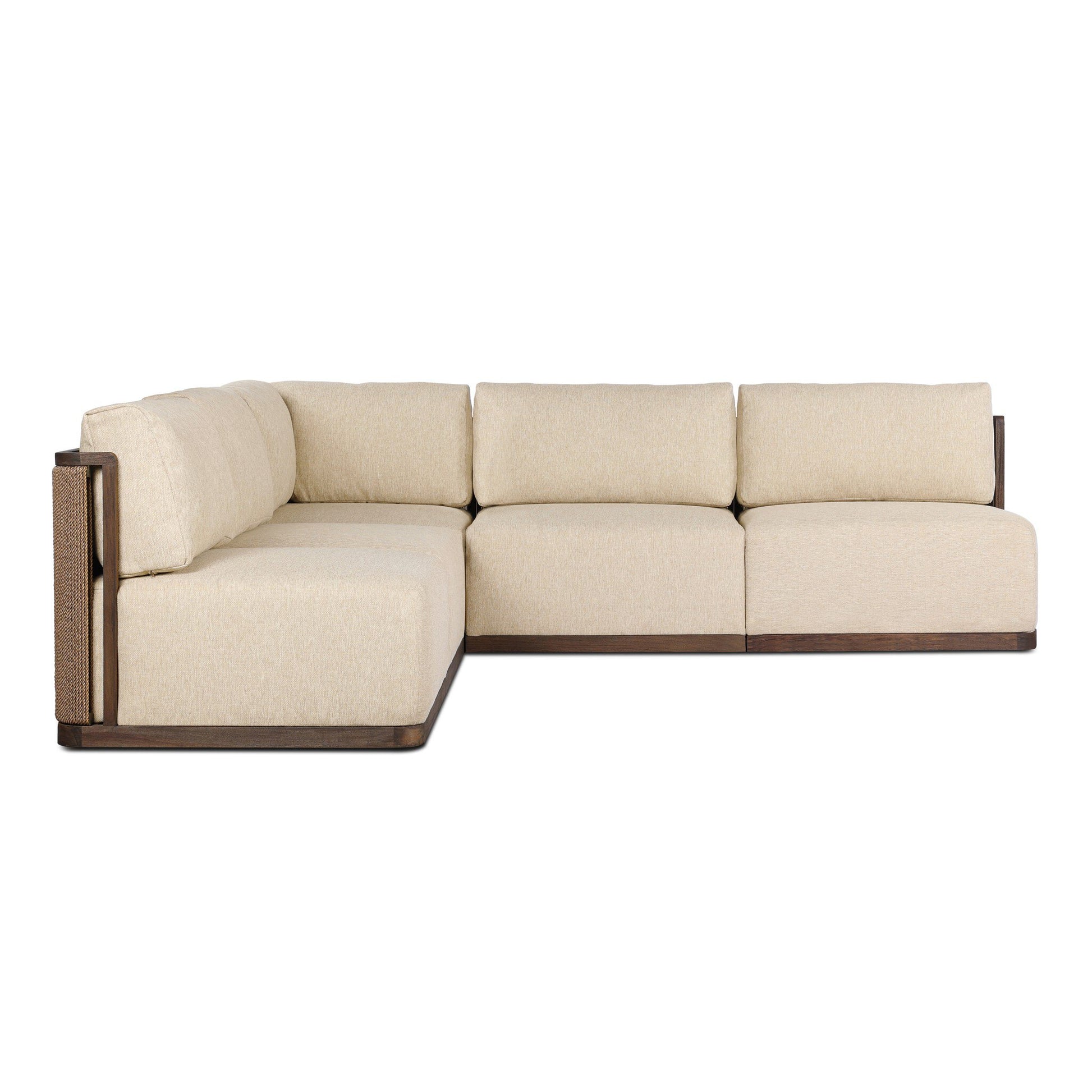 The Teak Woven Cord | Outdoor Sectional is a beige L-shaped sofa with a wooden frame, thick natural cream cushions, and elegant woven cord details, shown against a plain white background.
