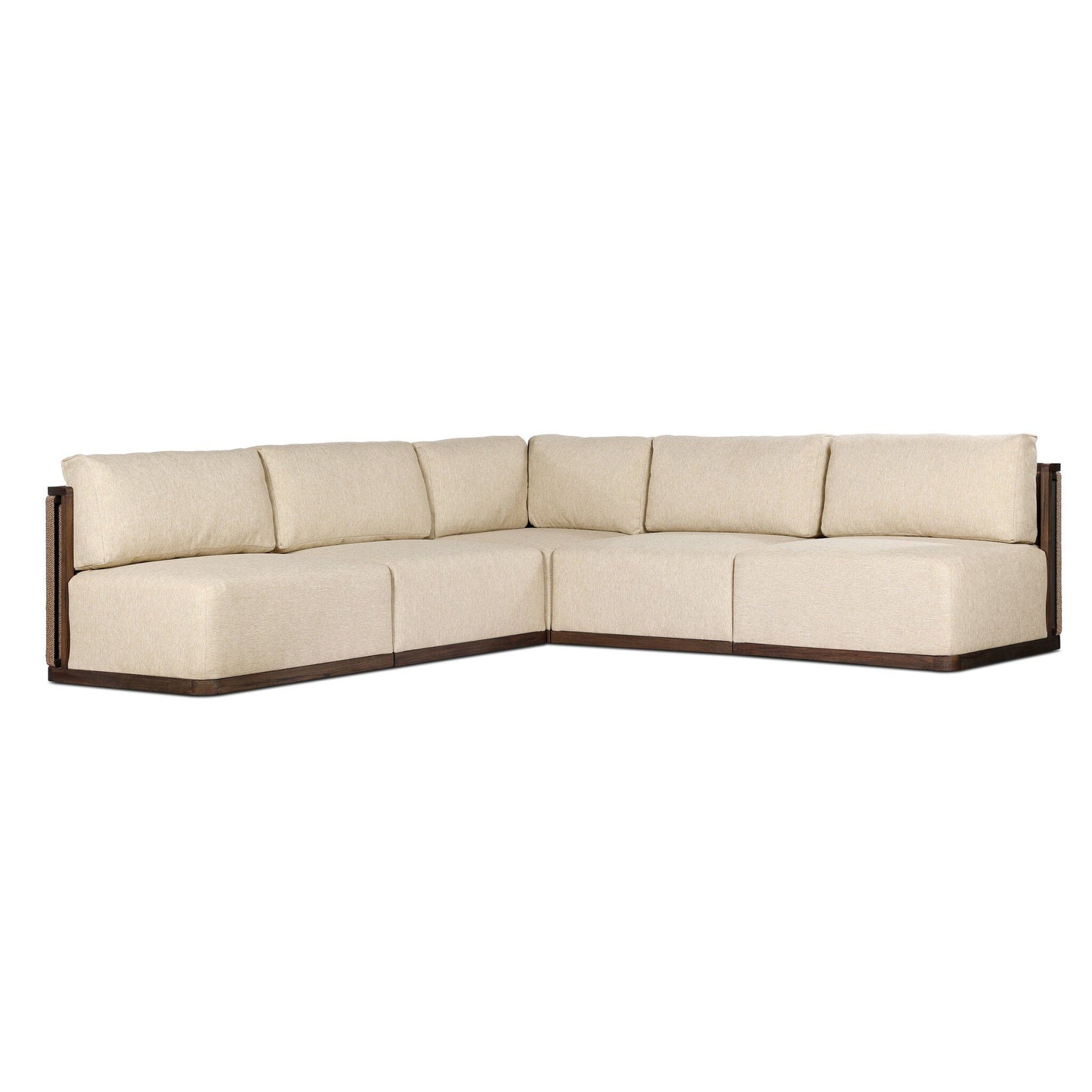 The Teak Woven Cord | Outdoor Sectional features a modern L-shaped design with natural cream cushions and a dark brown FSC-certified teak base, shown from the front on a white background.
