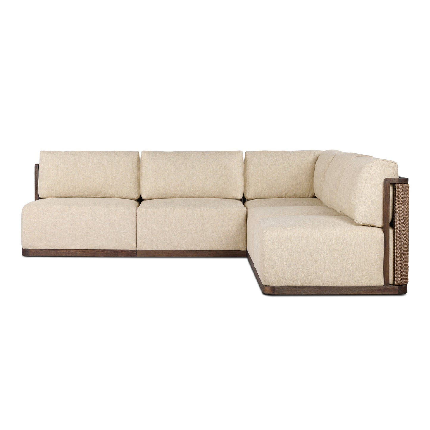 The Teak Woven Cord | Outdoor Sectional is a modern L-shaped sofa with natural cream cushions, an FSC-certified teak wooden base, and woven side panels, shown from the front on a white background.