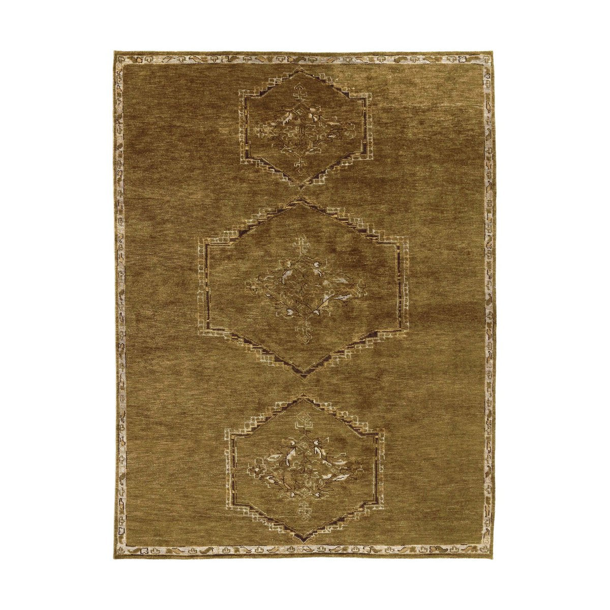 The Astana Hand-Knotted Rug is a rectangular brown 10'x14' piece, featuring three faint central geometric medallions, a slim decorative border, and subtle floral and abstract accents for an elegant finish.