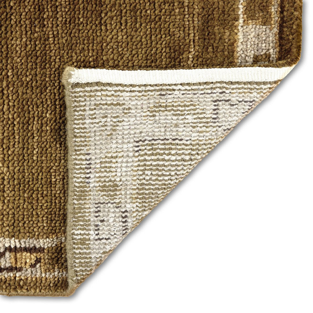 A close-up of the Astana Hand-Knotted Rug, 10'X14', showcases its brown woven surface with a flipped corner revealing a lighter underside and detailed weaving texture.