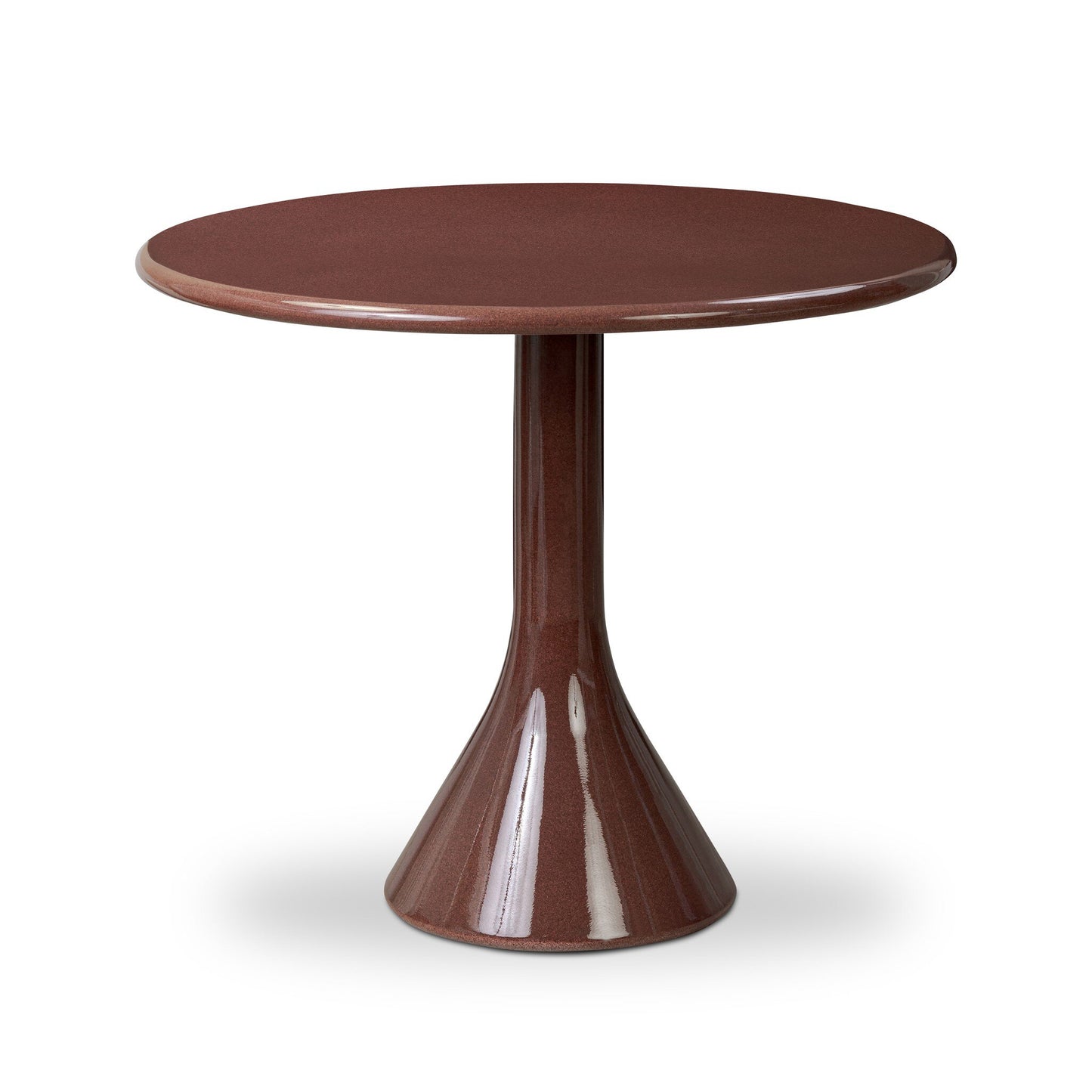 The Solid Concrete Rounded Top Dining Table is a round, glossy brown table with a single pedestal base flaring out at the bottom, shown against a white background.