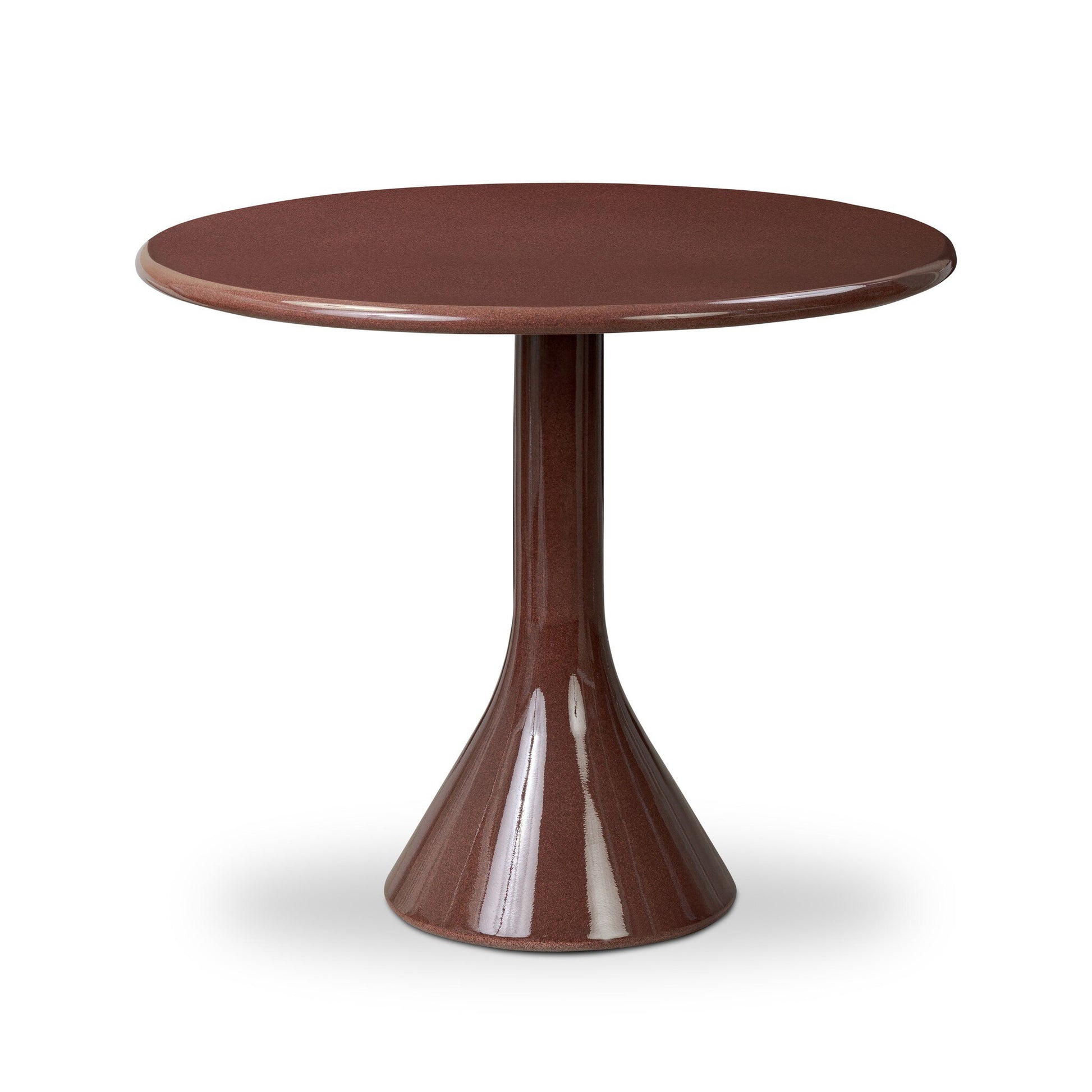 The Solid Concrete Rounded Top Dining Table is a round, glossy brown table with a single pedestal base flaring out at the bottom, shown against a white background.