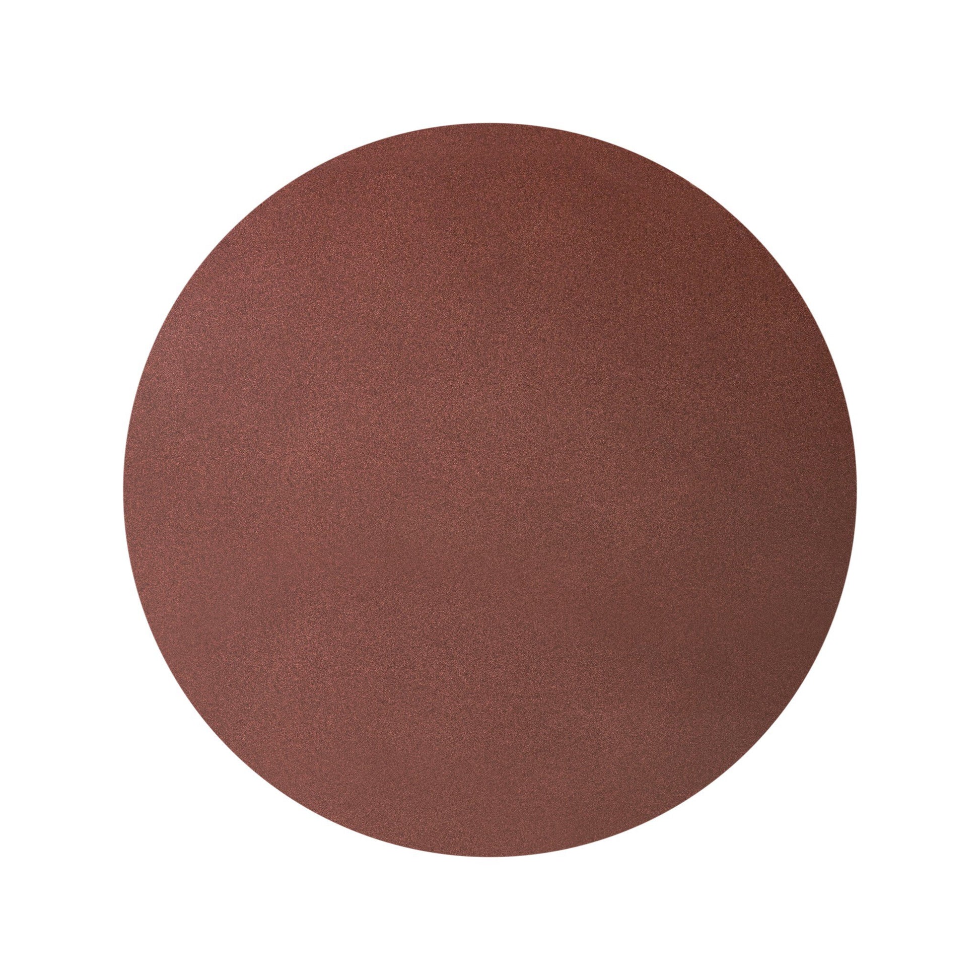 A circular sheet of reddish-brown sandpaper with a uniform texture, shown on a white background—ideal for prepping surfaces such as the Solid Concrete Rounded Top | Dining Table.