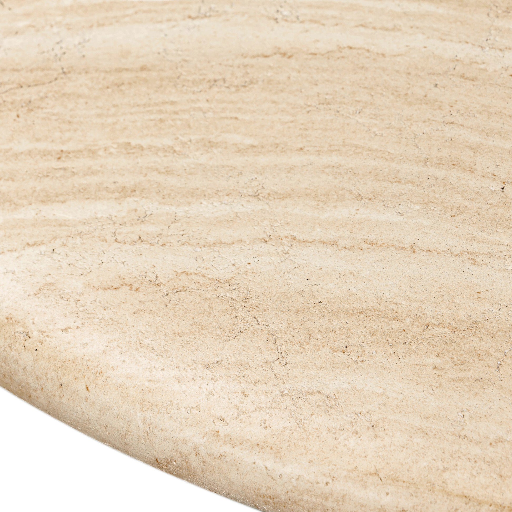 Close-up of the Concrete Travertine Look | Bistro Table features a round, beige concrete surface with natural horizontal veining and subtle texture. The unique finish is visible in the lower left—perfect for indoor or outdoor spaces.