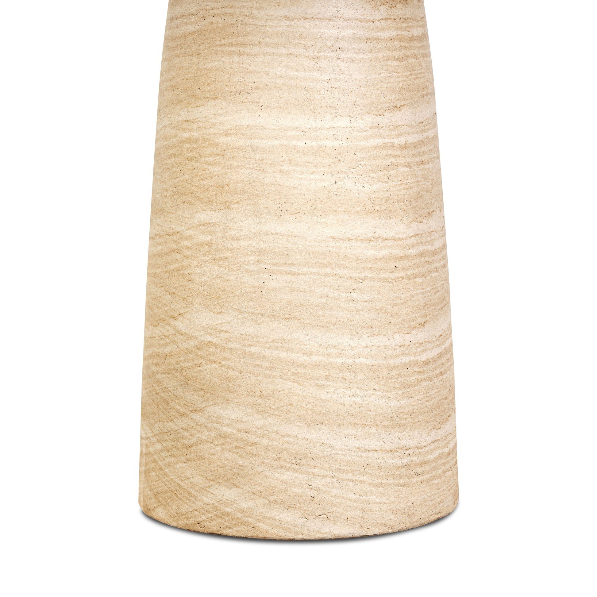 The image shows the lower portion of the Concrete Travertine Look | Bistro Table, featuring a beige cylindrical base with a smooth surface and natural horizontal striations, set against a plain white background.