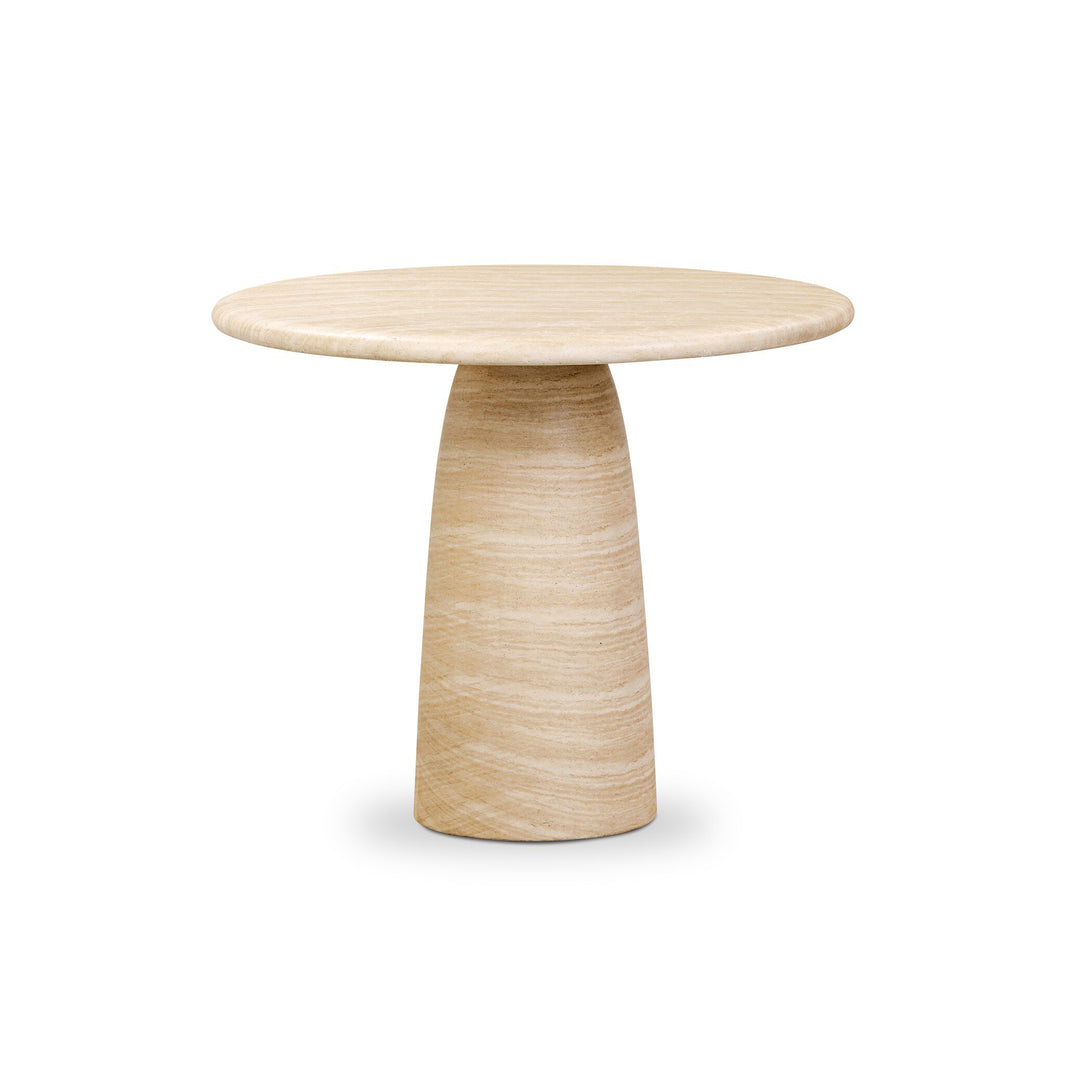 The Concrete Travertine Look | Bistro Table is a round indoor-outdoor table with a smooth surface, single tapered pedestal base, unique grained finish, and is photographed against a plain white background.