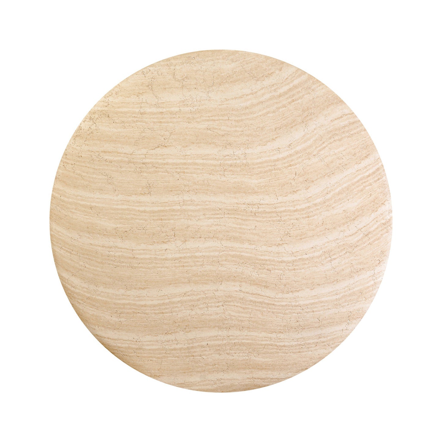 A round, flat slab of light beige stone with a unique grained finish and natural wavy lines, the Concrete Travertine Look | Bistro Table offers a travertine-inspired concrete style and is photographed against a white background.