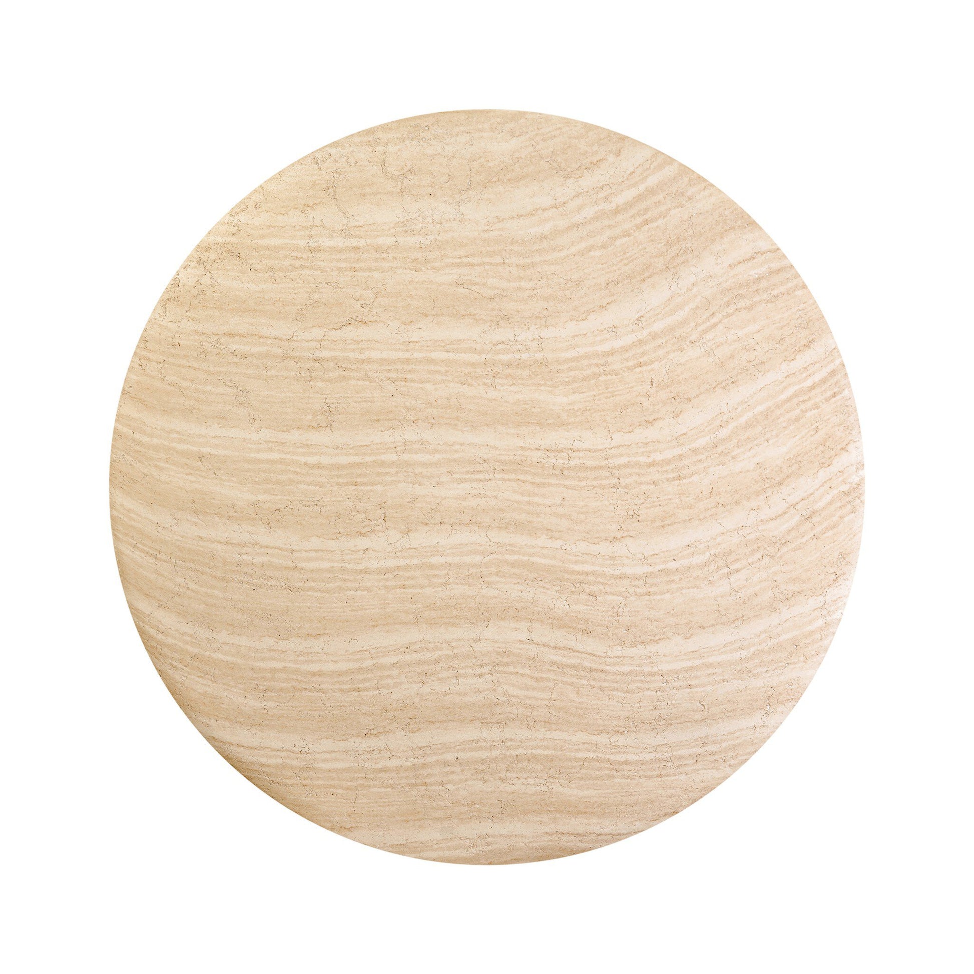 A round, flat slab of light beige stone with a unique grained finish and natural wavy lines, the Concrete Travertine Look | Bistro Table offers a travertine-inspired concrete style and is photographed against a white background.