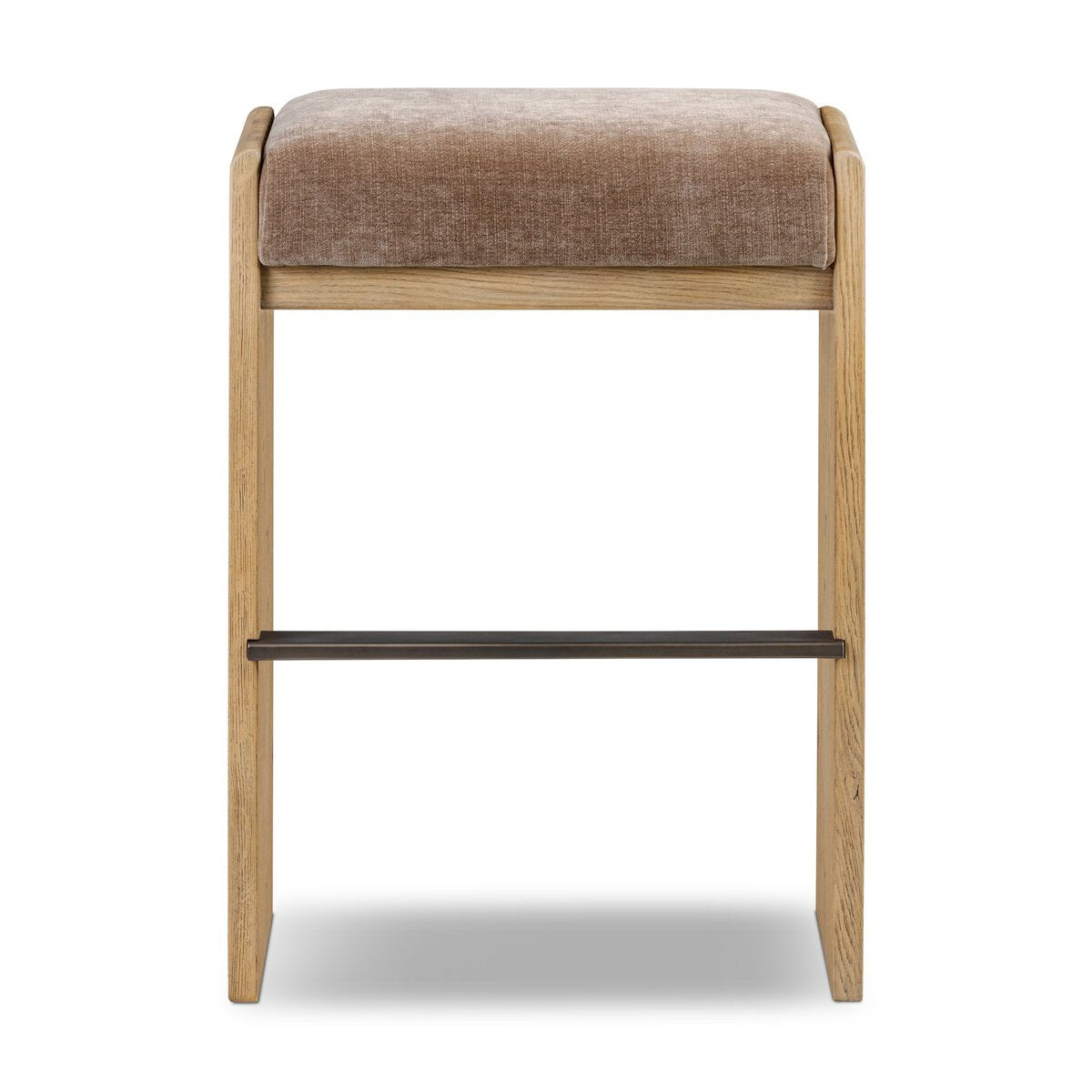 The Nash Bar + Counter Stool features a light brown, cushioned wooden seat and a black metal footrest, shown front-facing against a white background—ideal dimensions for your kitchen or bar space.