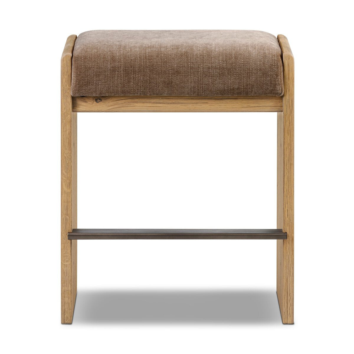 The Nash Bar + Counter Stool features a wooden frame, light brown upholstered cushion, and a dark metal footrest, shown from the front against a white background. Ideal for kitchen islands or bars of many sizes.