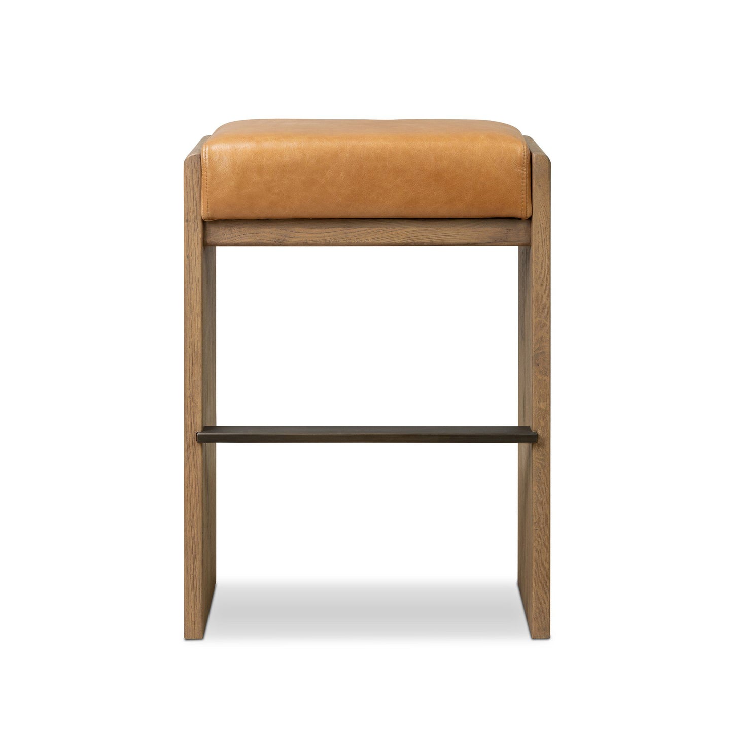 The Nash Bar + Counter Stool features a tan leather cushion and wooden frame, pictured front-facing on a white background. Its sleek design fits perfectly in modern kitchens and dining spaces as a stylish counter stool.