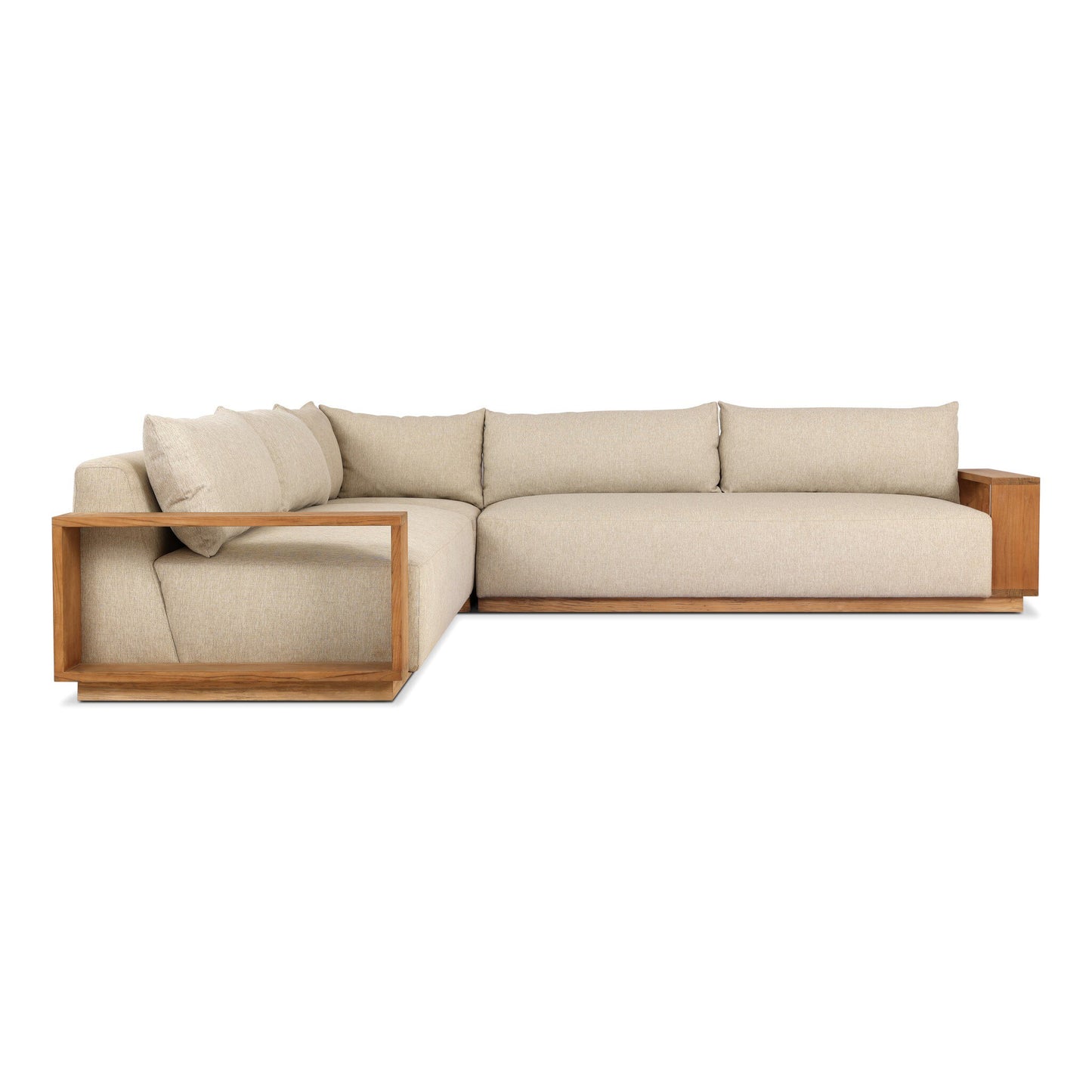 The Teak Wide-Format Upholstery | Outdoor Sectional features a modern L-shaped design with beige plush upholstery, teak framing, and open rectangular armrests for stylish outdoor comfort.