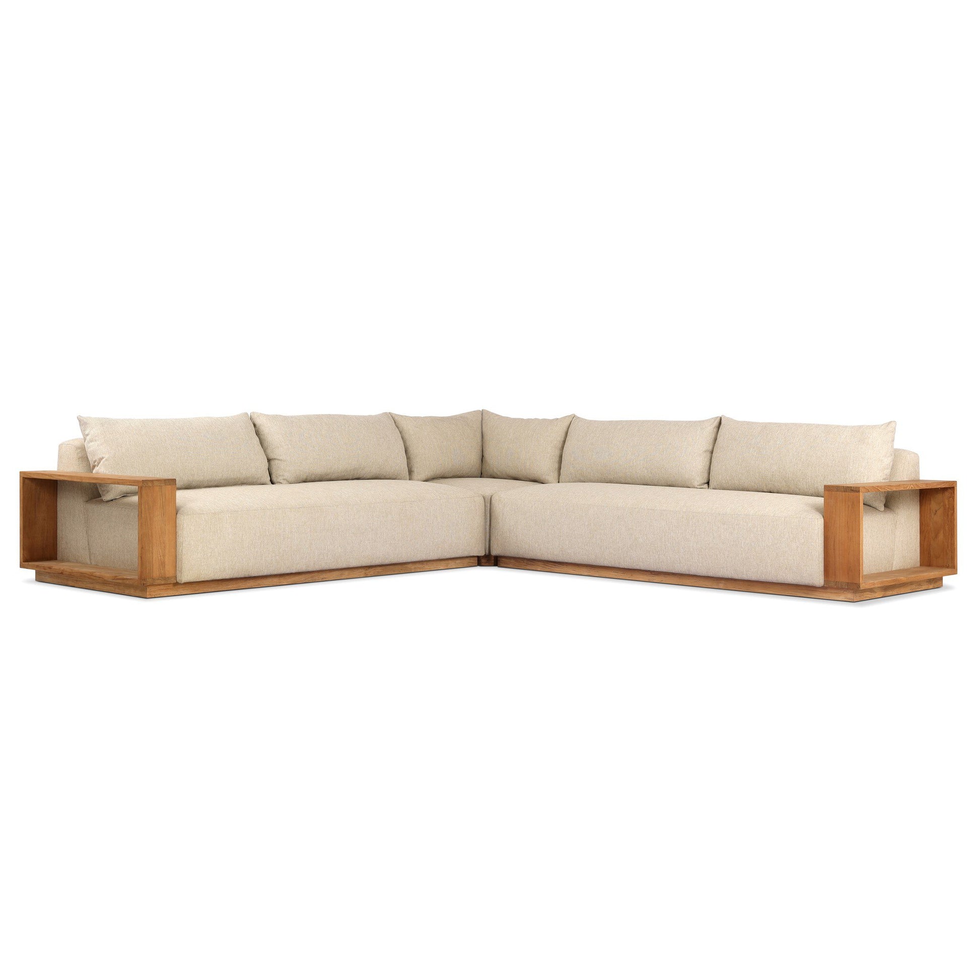 The Teak Wide-Format Upholstery Outdoor Sectional is a beige L-shaped sofa with teak framing and wooden armrests, plush seat and back cushions, set against a white background.