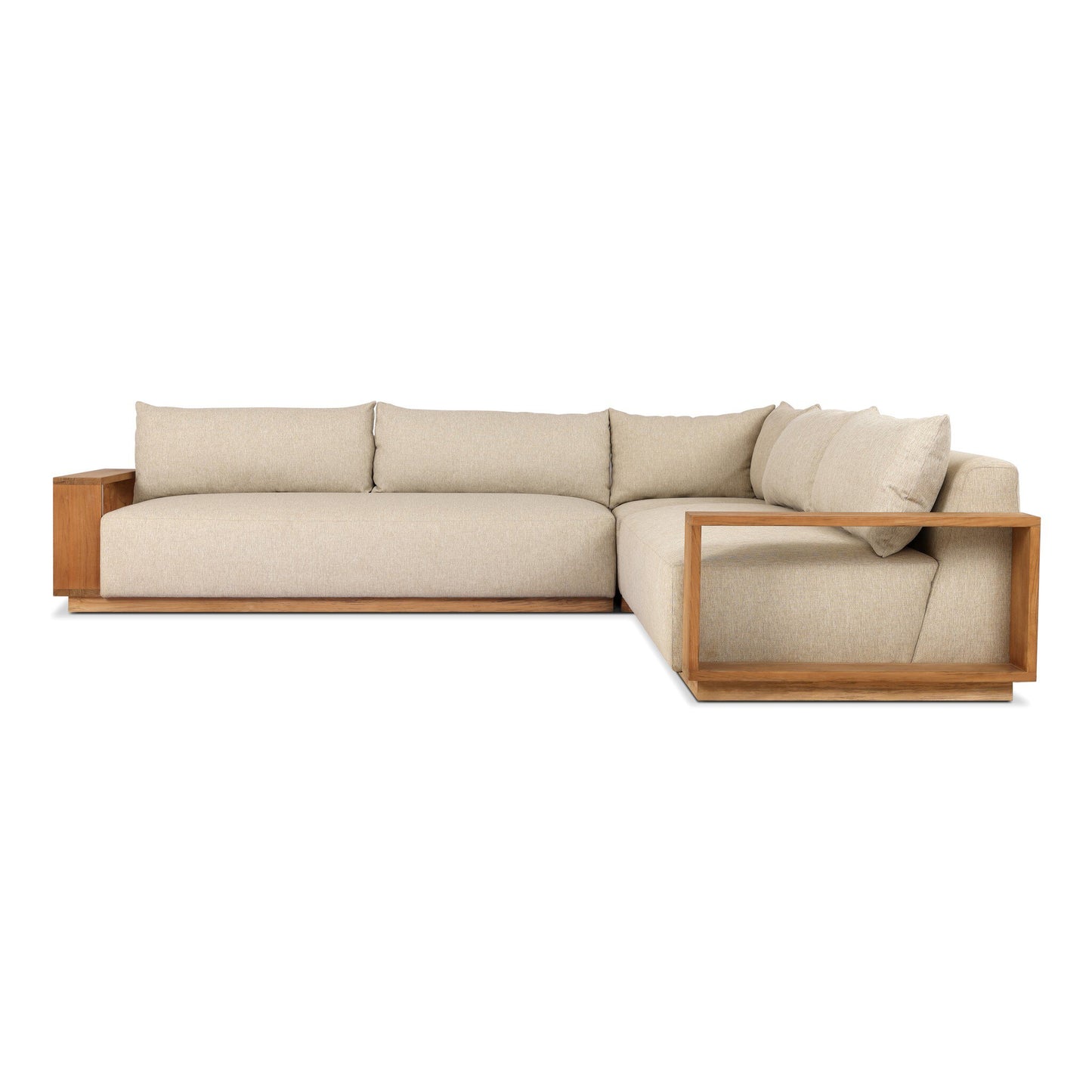 The Teak Wide-Format Upholstery | Outdoor Sectional features plush upholstery and a durable teak frame.