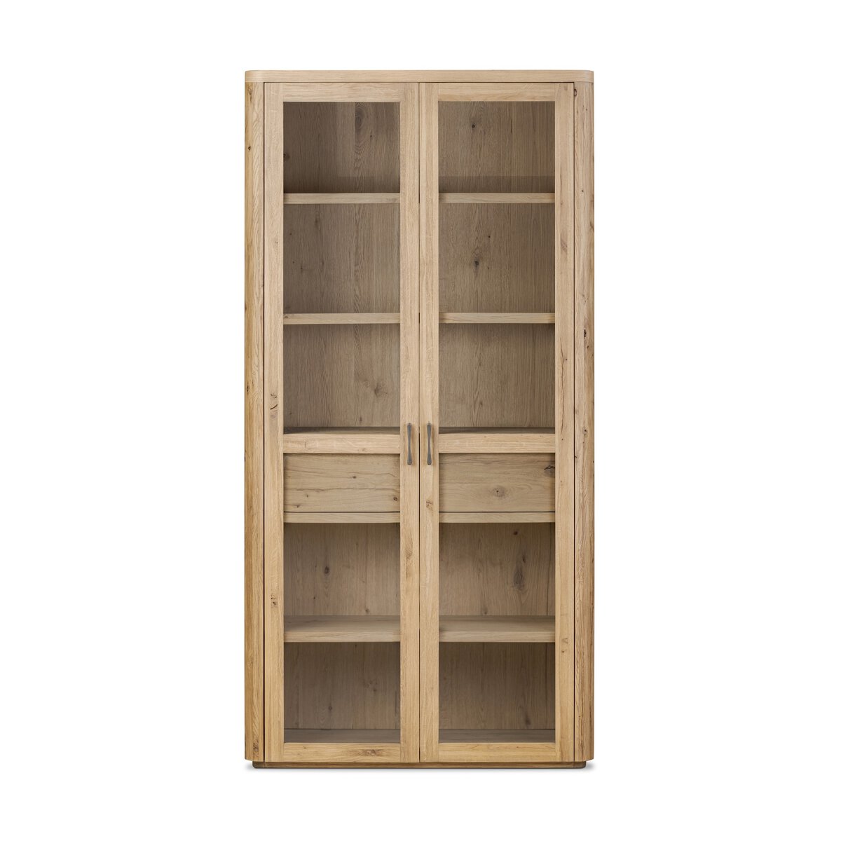 The Smoked Oak Cabinet is a tall wooden bookcase with glass-paneled double doors, metal handles, and multiple interior shelves—elegant storage or display in a 42-inch design.