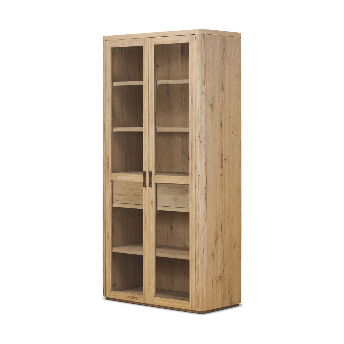 The Smoked Oak Cabinet is a rectangular wooden storage shelf with glass double doors, black handles, and multiple shelves inside—perfect as a stylish 42-inch bookcase against a white background.