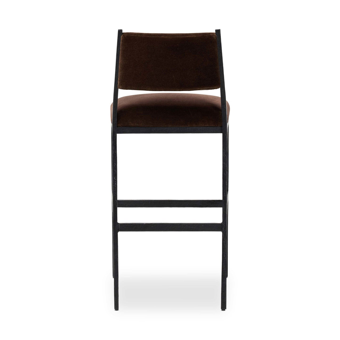 The Valeene Bar Stool features a black metal frame with a brown cushioned seat and backrest, offering ergonomic comfort. Shown from the front against a white background.