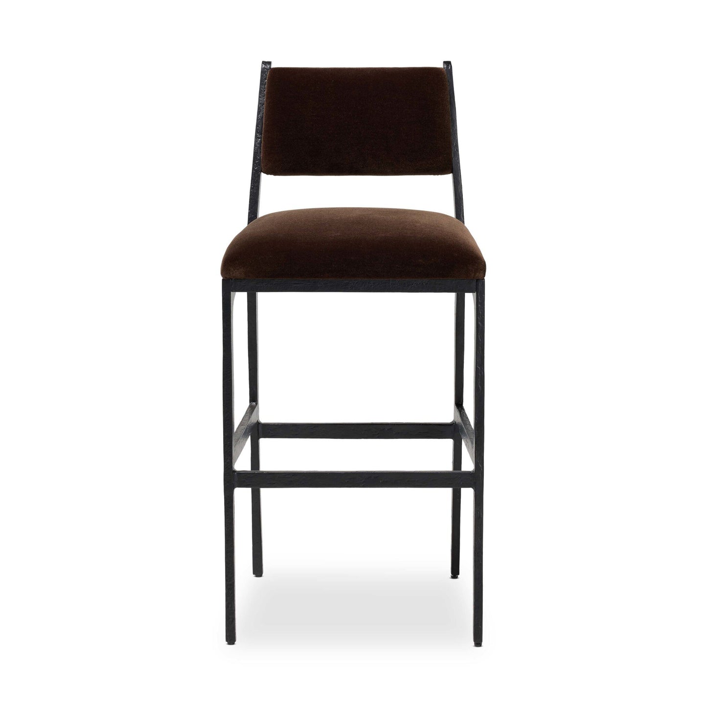 The Valeene Bar Stool features a dark brown cushioned seat and backrest, a sleek black metal frame with footrest, and measures 19.00"w x 21.75"d x 42.00"h. Shown front-facing against a white background.