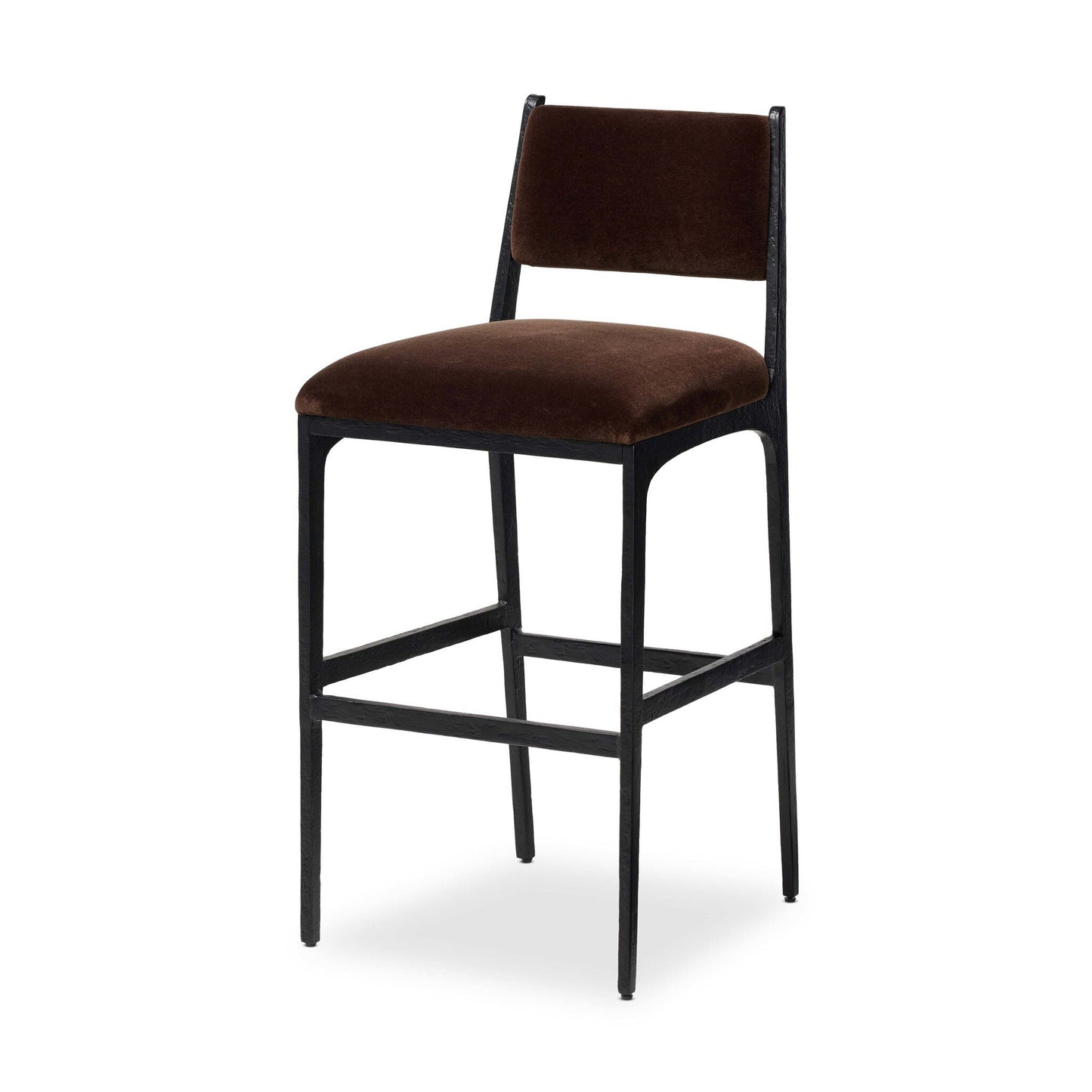 The Valeene Bar Stool features a dark brown cushioned seat and backrest, a sleek black metal frame with four straight legs and support bars, and measures 19.00"w x 21.75"d x 42.00"h.