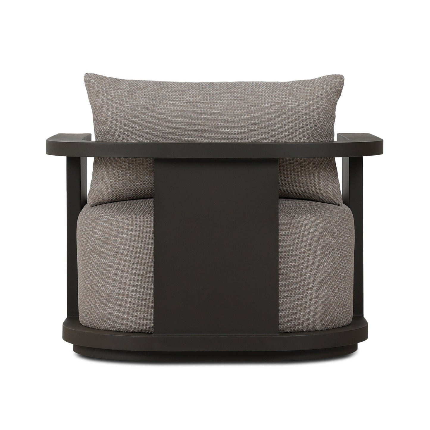 The Aluminum Swivel | Outdoor Armchair features a contemporary design with a curved aluminum frame and light gray upholstery, shown from the front against a white background.