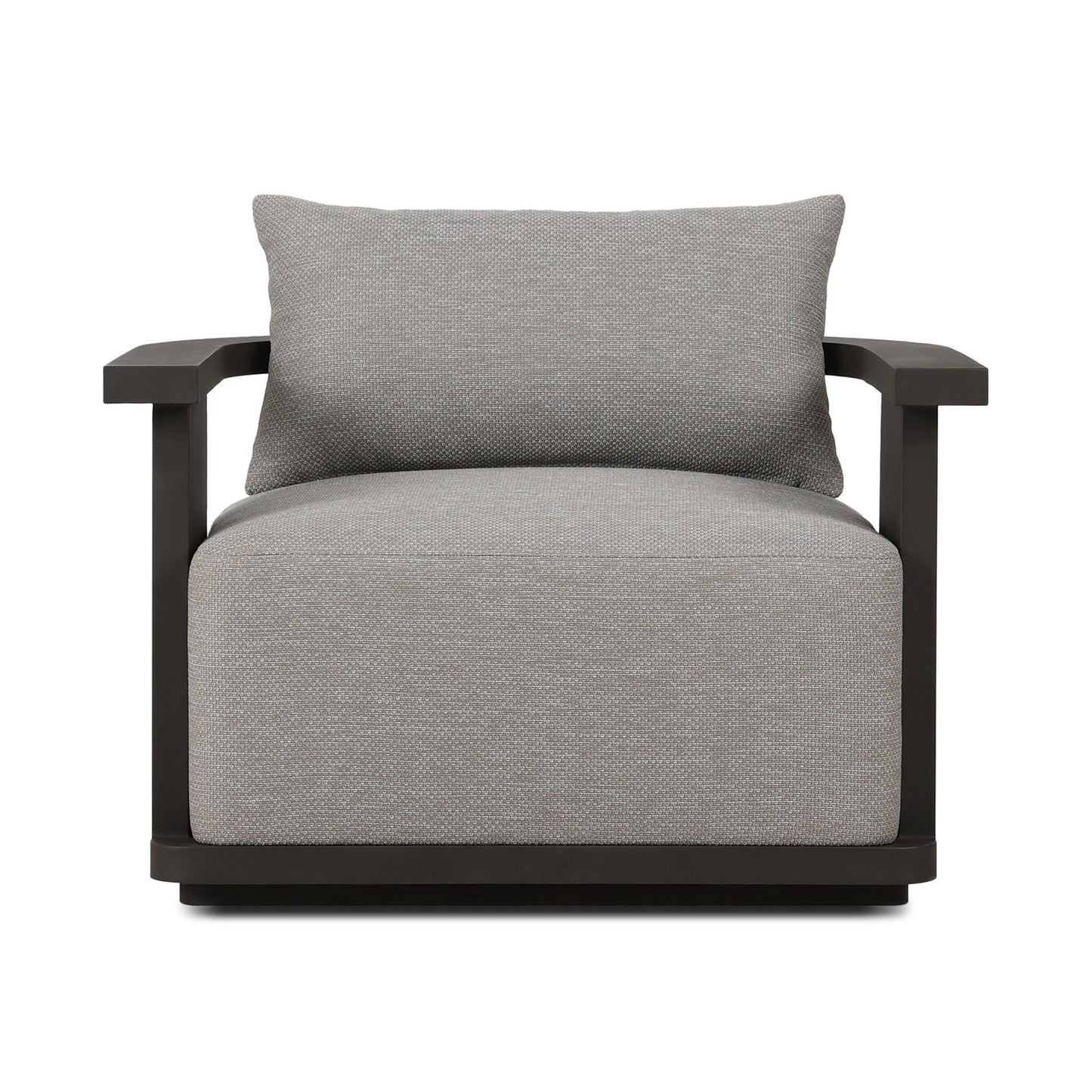 The Aluminum Swivel Outdoor Armchair has a modern, boxy design with light gray high-performance fabric, wide dark wooden armrests and frame, a matching rectangular back cushion, and a low, wide seat.
