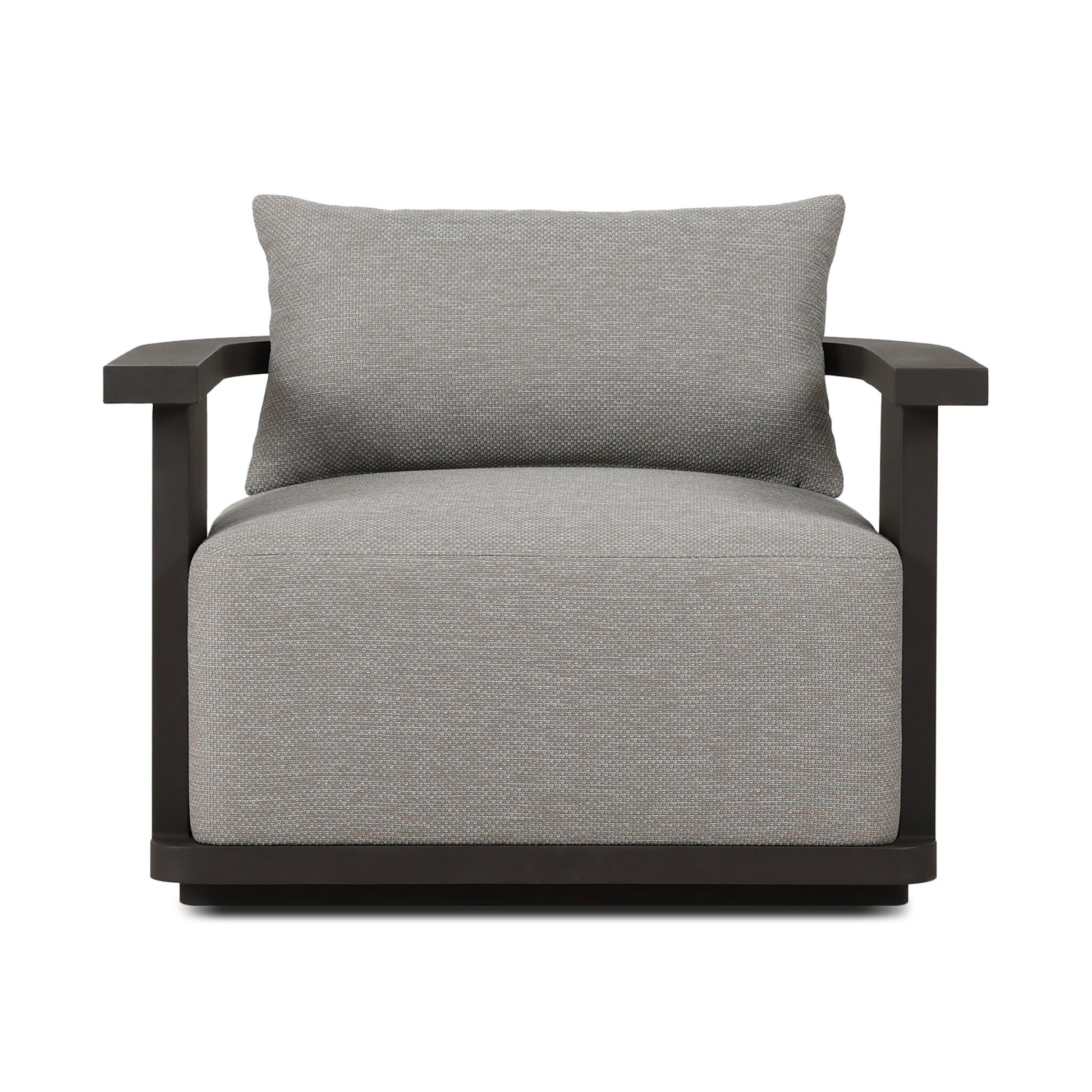 The Aluminum Swivel Outdoor Armchair has a modern, boxy design with light gray high-performance fabric, wide dark wooden armrests and frame, a matching rectangular back cushion, and a low, wide seat.