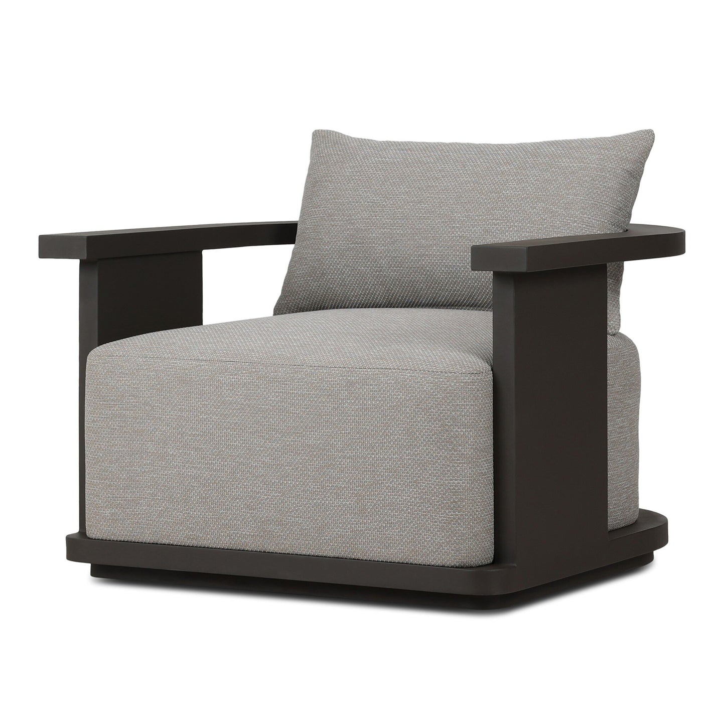 The Aluminum Swivel | Outdoor Armchair features a boxy, contemporary design with wide dark brown wooden arms and base, plus thick light gray cushions in high-performance fabric for the seat and back.