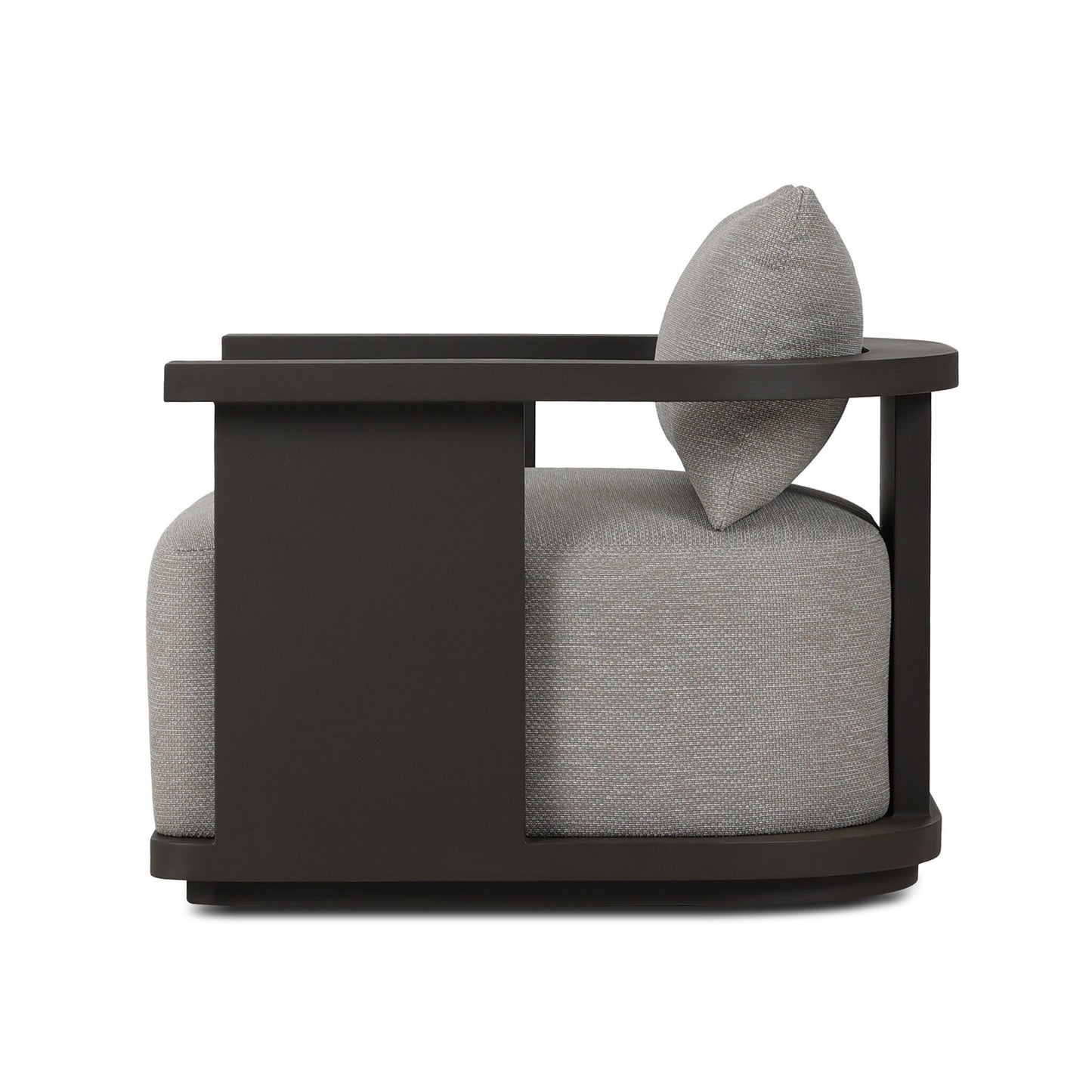 Side view of the Aluminum Swivel | Outdoor Armchair with a dark wooden frame and light gray Italian upholstery, showcasing clean lines and a boxy, minimalist design.