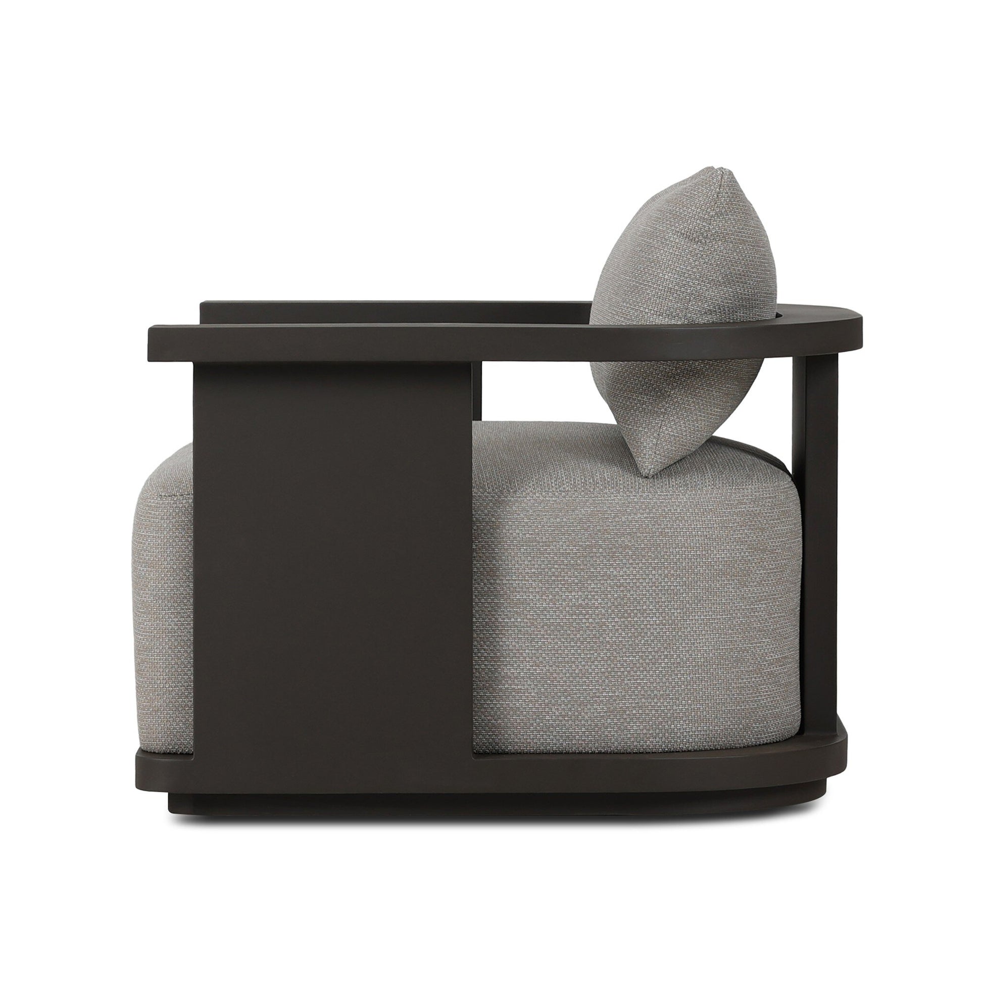 Side view of the Aluminum Swivel | Outdoor Armchair with a dark wooden frame and light gray Italian upholstery, showcasing clean lines and a boxy, minimalist design.