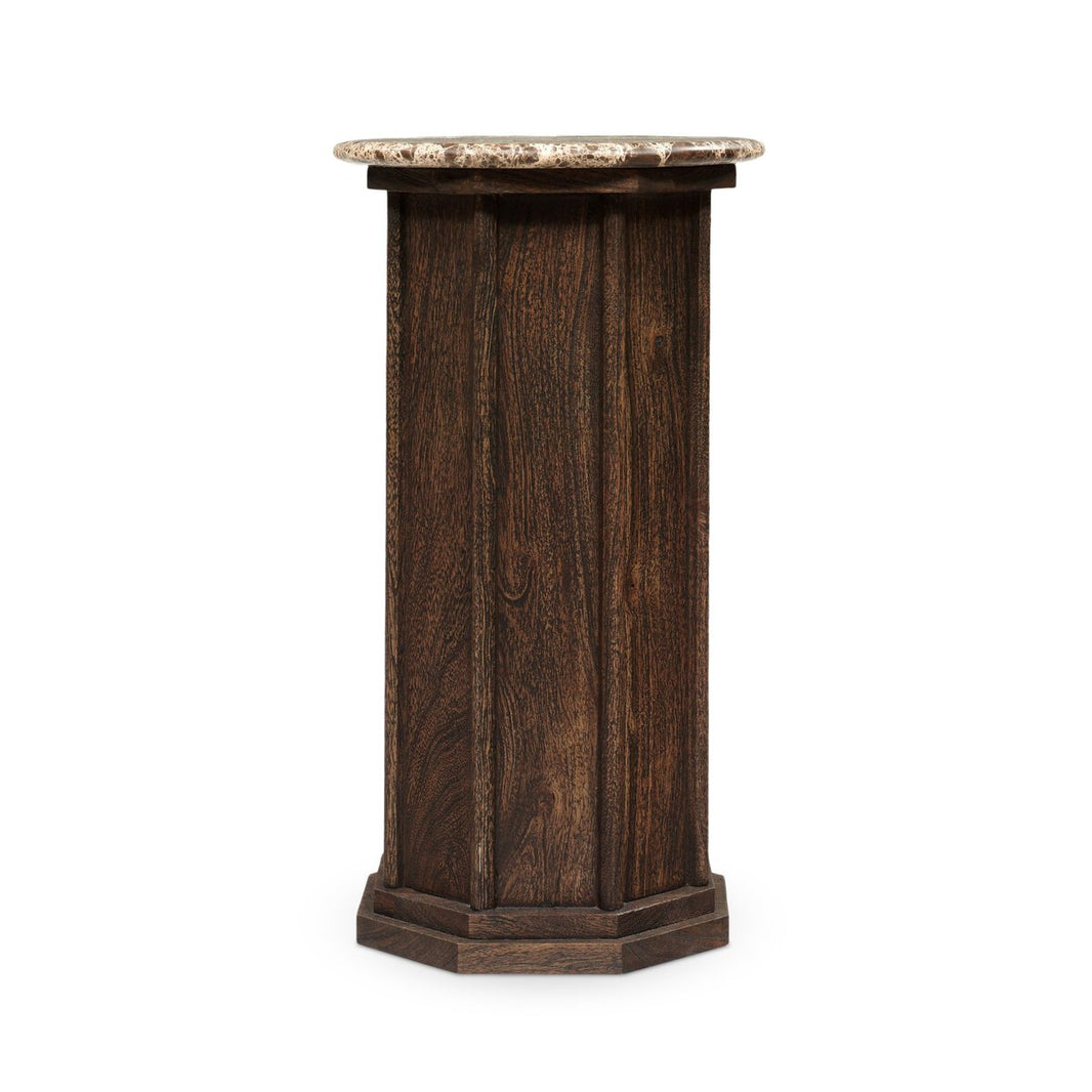 The Pavlo End Table features a tall, dark wood pedestal with an octagonal base and a round, light stone top; dimensions: 11.00"w x 11.00"d x 21.00"h, shown against a white background.