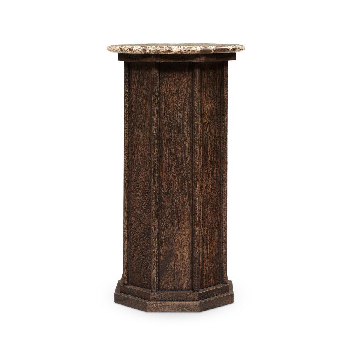 The Pavlo End Table features a tall, dark wood pedestal with an octagonal base and a round, light stone top; dimensions: 11.00"w x 11.00"d x 21.00"h, shown against a white background.