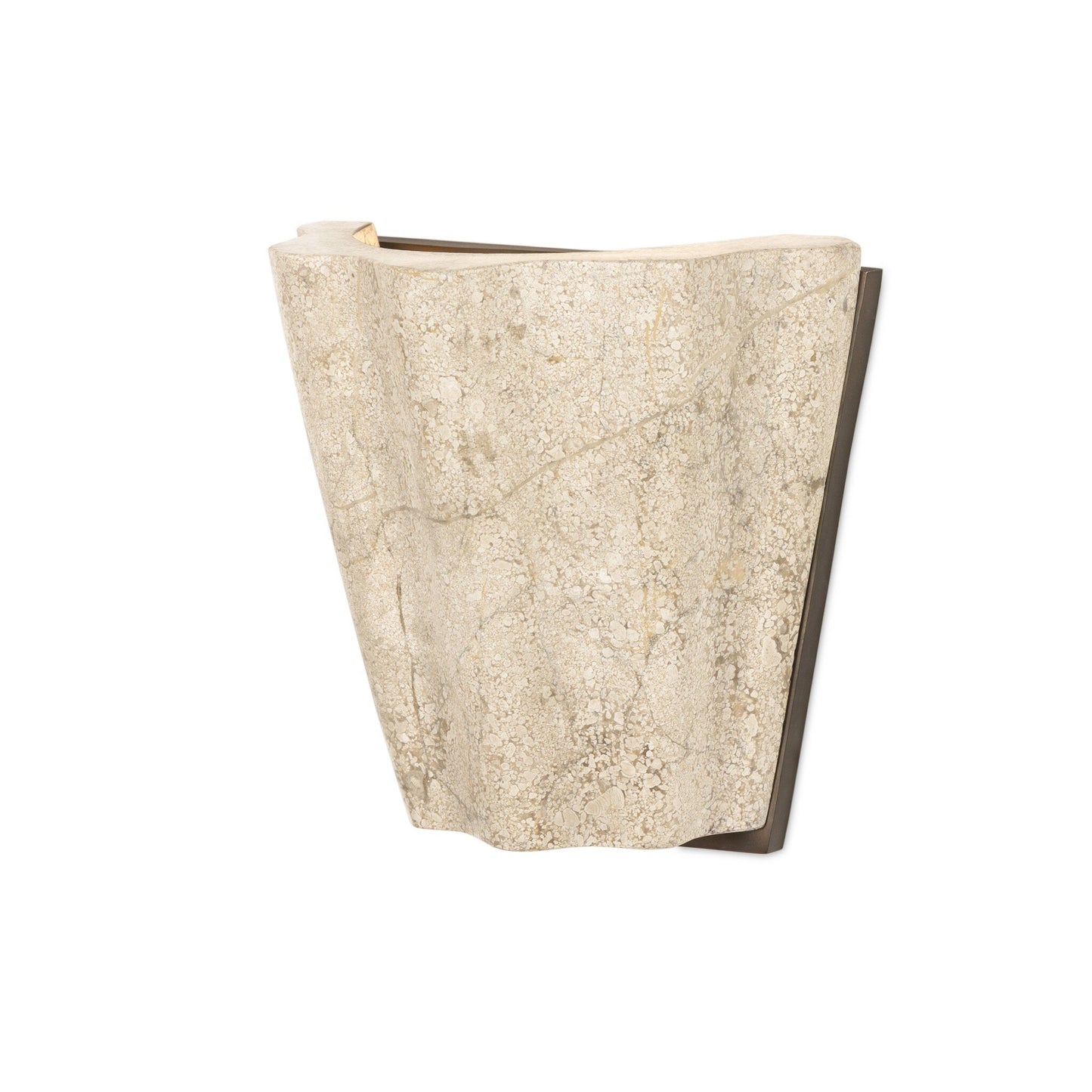 The Astra Sconce is a wall-mounted fixture with an organic, irregular shape and a textured stone-like beige finish on a plain white background; it measures 8.50w x 4.50d x 7.75h.