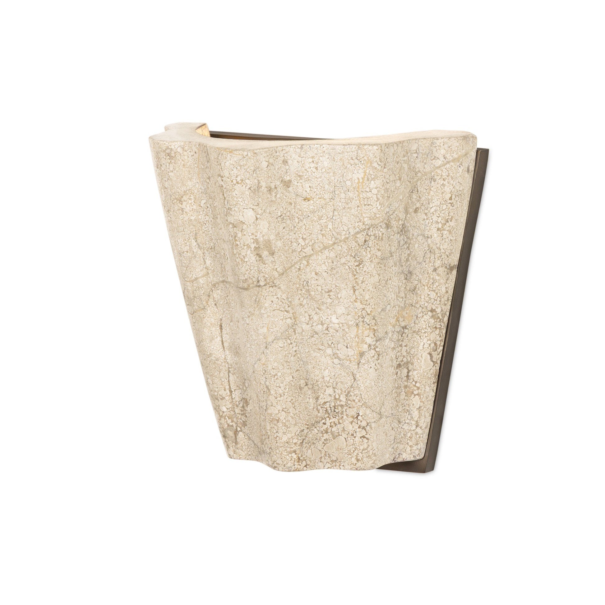 The Astra Sconce is a wall-mounted fixture with an organic, irregular shape and a textured stone-like beige finish on a plain white background; it measures 8.50w x 4.50d x 7.75h.