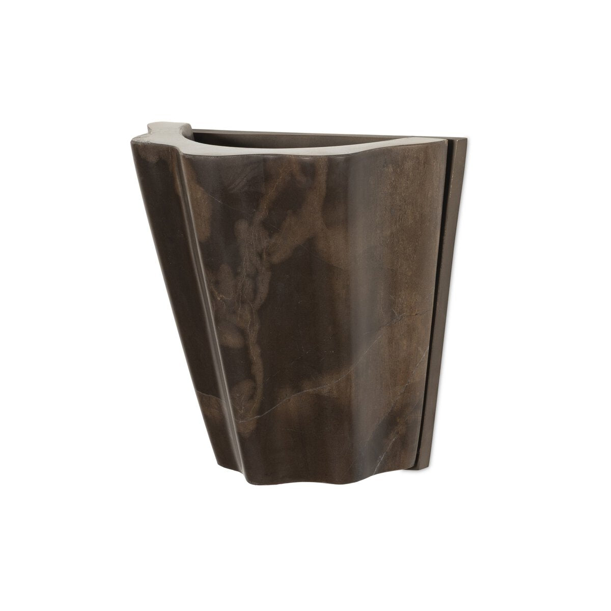 The Astra Sconce features a dark brown, marble-patterned, wall-mounted design with angular, sculpted lines and a smooth finish. Displayed on a plain white background. Dimensions: 8.50"w x 4.50"d x 7.75"h.