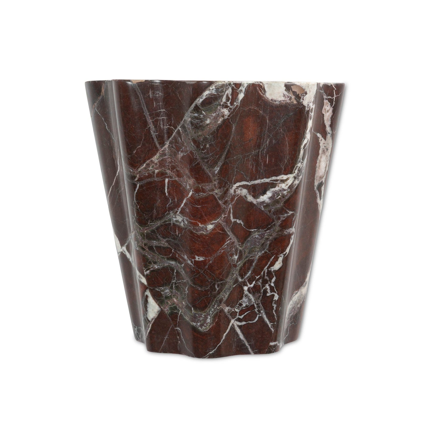 The Astra Sconce features a polished dark brown marble base with white and light brown veins and angled, faceted sides. Measuring 8.50w x 4.50d x 7.75h, it is shown against a white background.