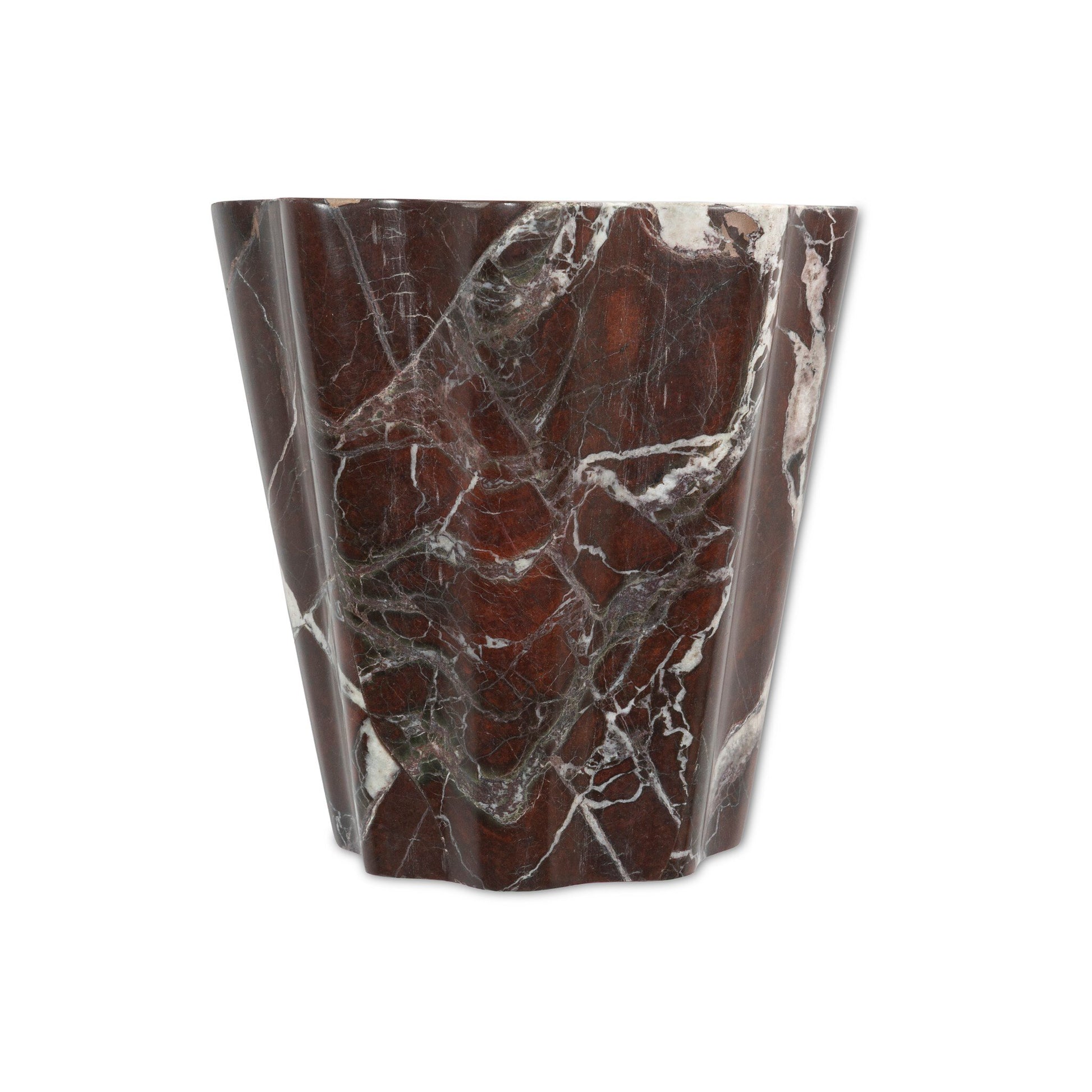 The Astra Sconce features a polished dark brown marble base with white and light brown veins and angled, faceted sides. Measuring 8.50w x 4.50d x 7.75h, it is shown against a white background.