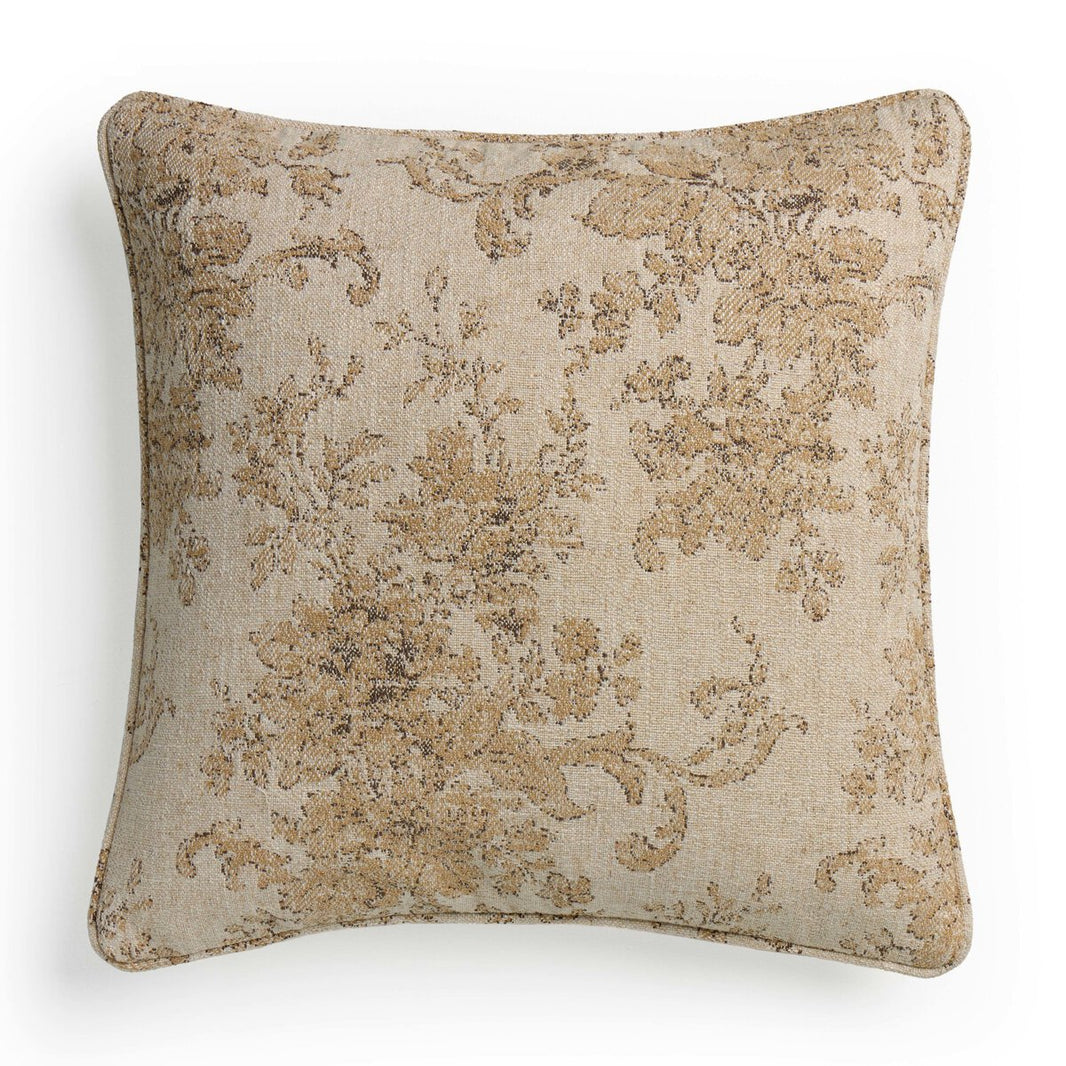 The April Pillow features a square shape with a beige background and an ornate vintage-style floral pattern in muted gold tones. Its textured fabric brings classic elegance, making it a sophisticated accent for your home decor.