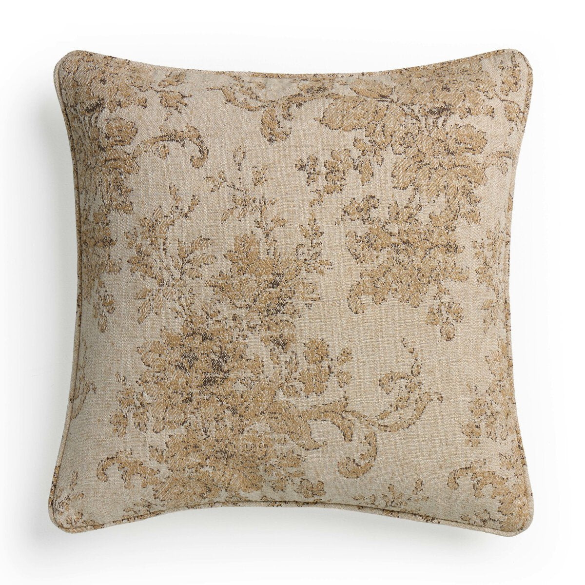 The April Pillow features a square shape with a beige background and an ornate vintage-style floral pattern in muted gold tones. Its textured fabric brings classic elegance, making it a sophisticated accent for your home decor.