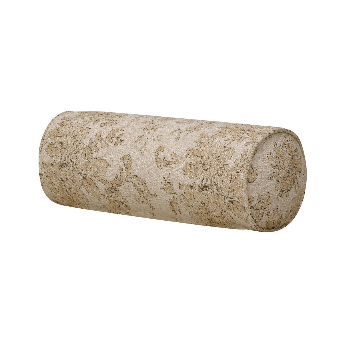 The April Bolster Pillow features a beige background with an ornate gold floral pattern, resting on a white surface—an elegant accent for any modern storage shelf.