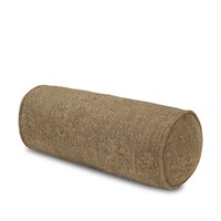The April Bolster Pillow, featuring brown textured fabric and a cylindrical shape, rests against a plain white background—perfect as a modern accent for storage shelves or wooden floating shelf displays.